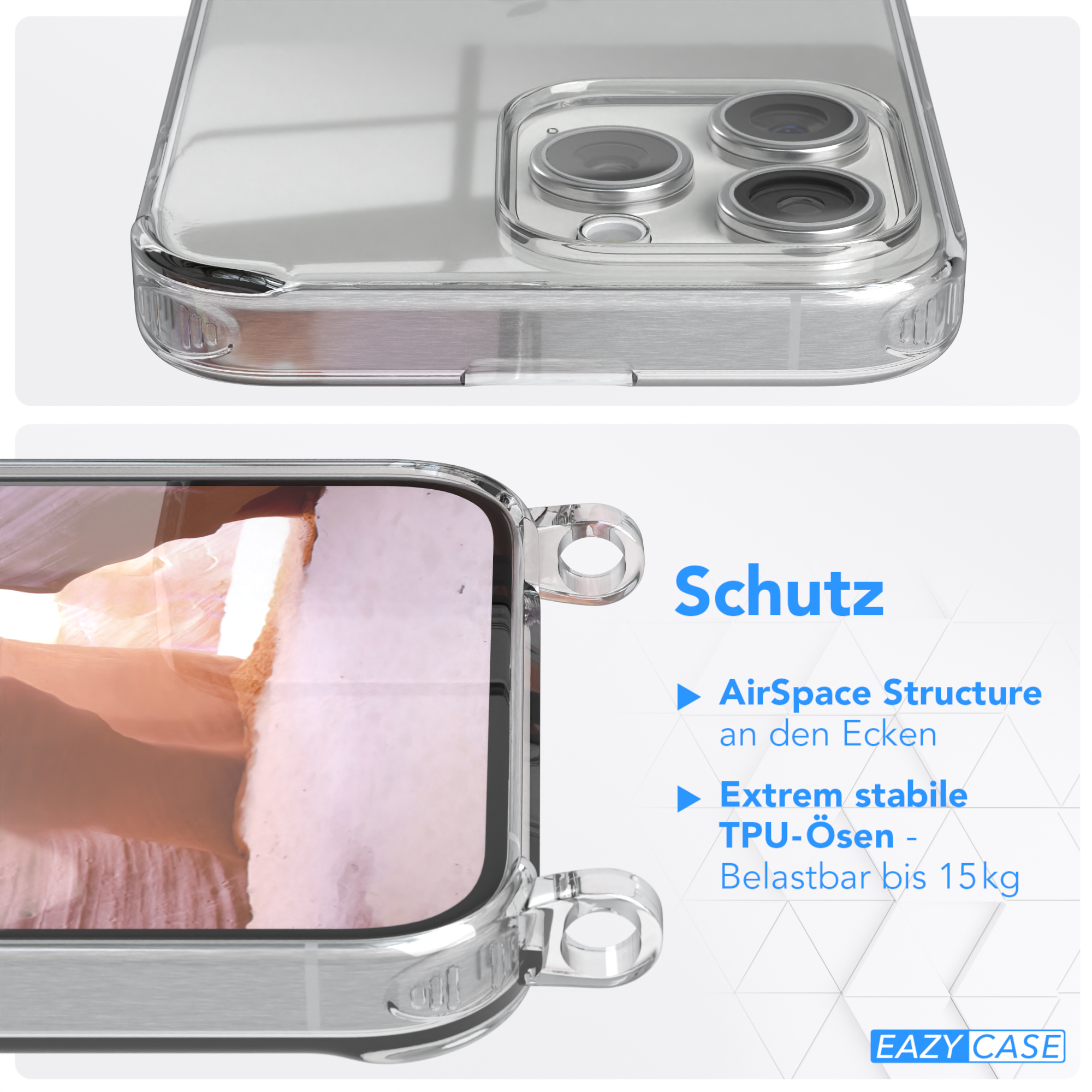 EAZY CASE Transparente Altrosa iPhone Gold Max, 15 Apple, Karabiner, Umhängetasche, Handyhülle Kordel Pro mit / + runder