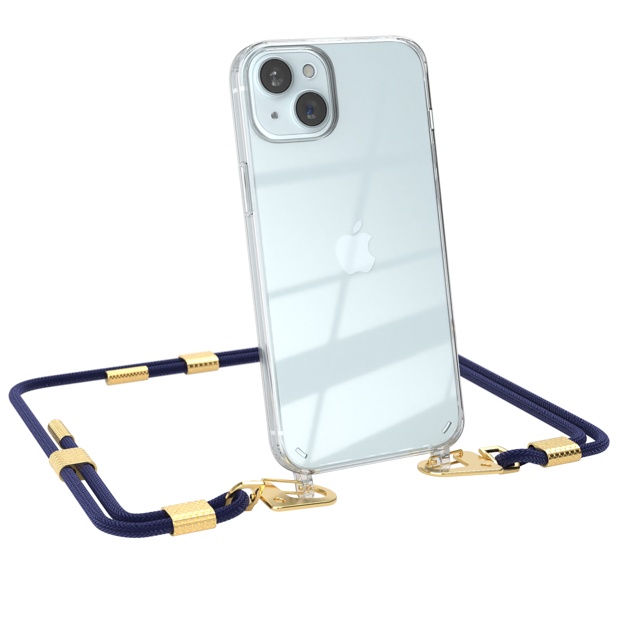 Transparente Handyhülle mit dunkelblauem Umhängeband. Die Hülle ist transparent, das Band dunkelblau.