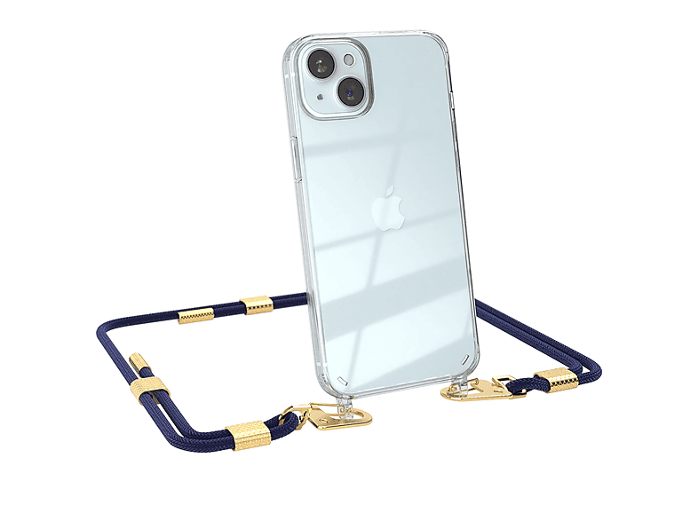 EAZY CASE Transparente Handyhülle mit runder Kordel + Karabiner, Umhängetasche, Apple, iPhone 15 Plus, Nachtblau / Gold