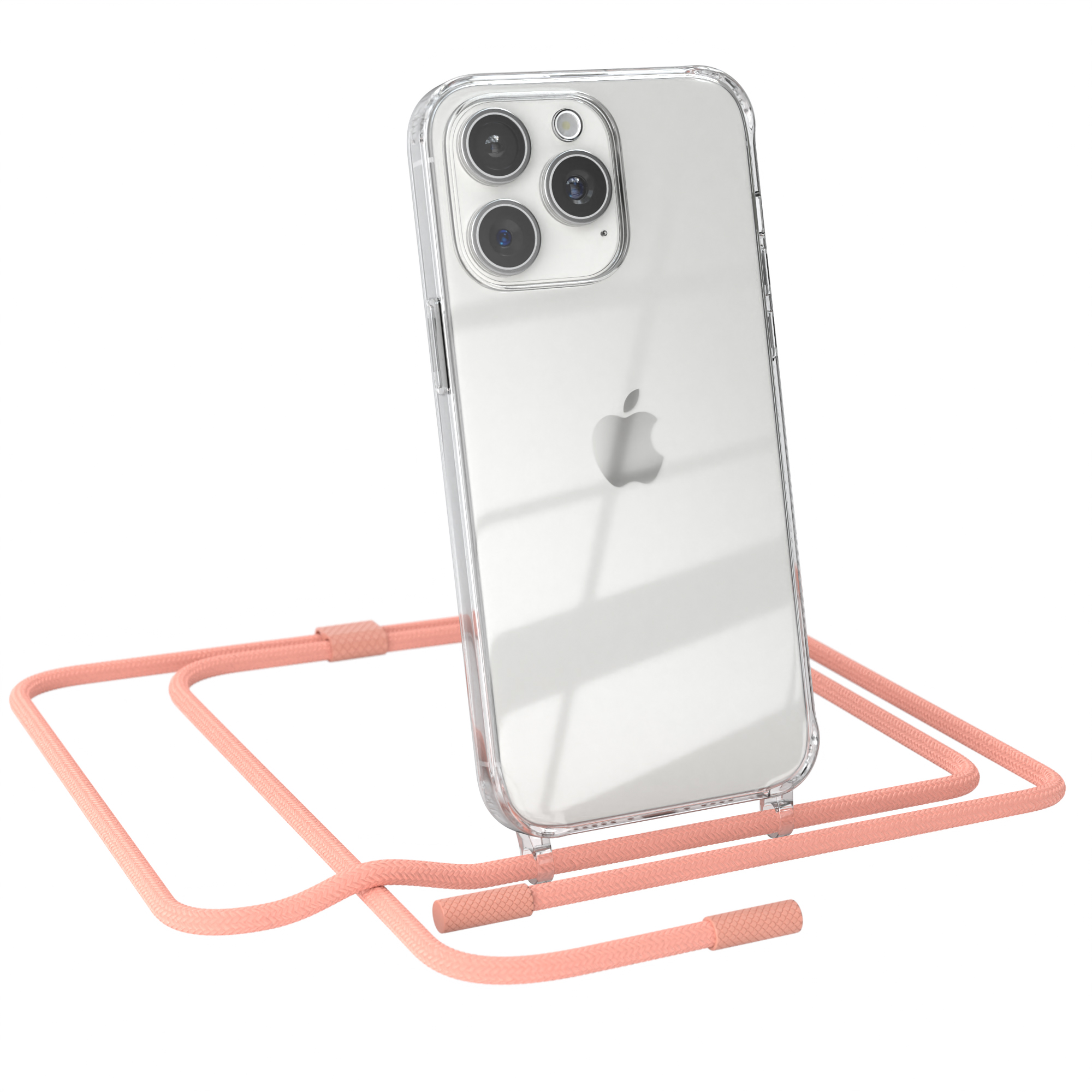 Klares iPhone mit Hülle und Band. Das Band ist rosa. Die Hülle ist transparent.