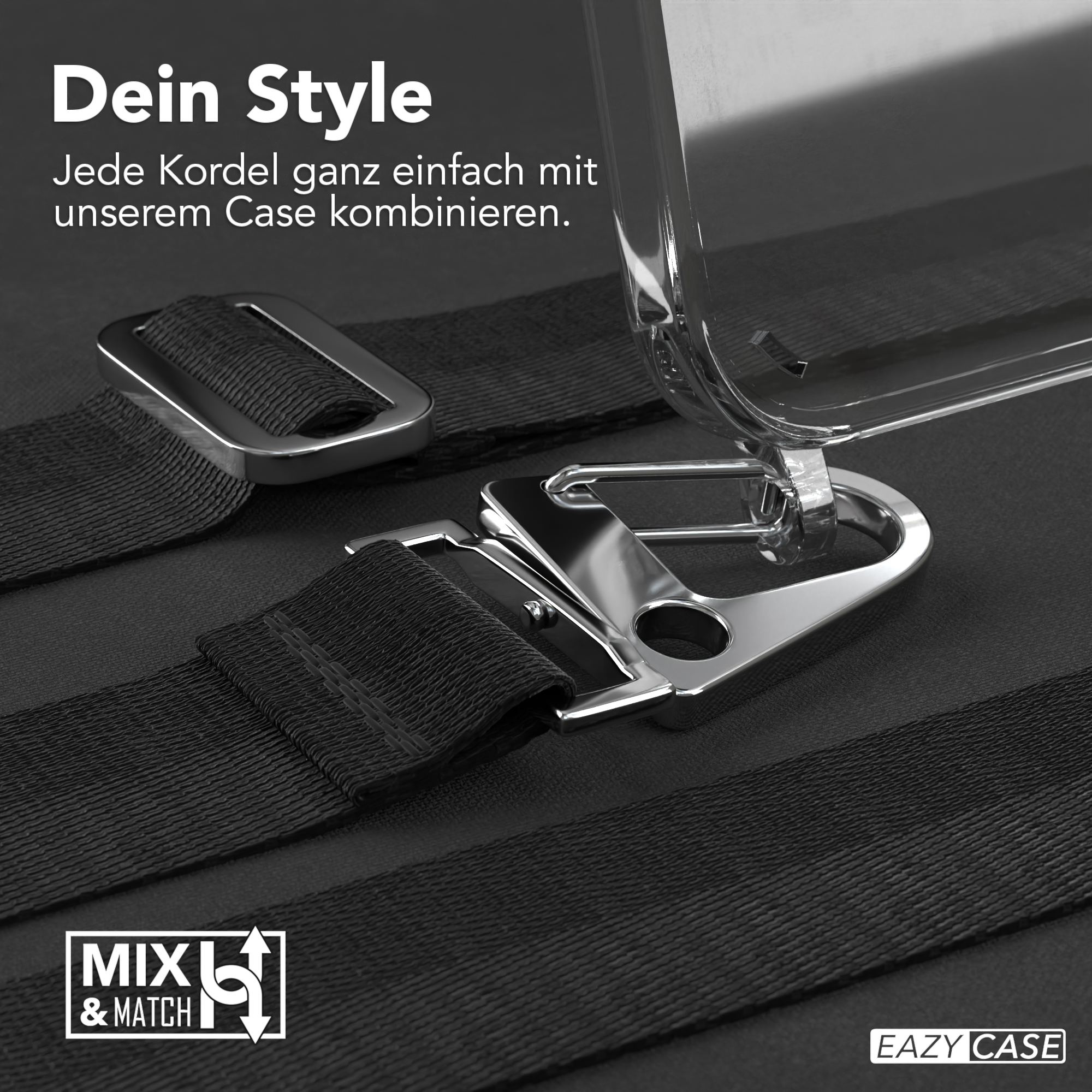 Schwarze Handyhülle mit schwarzem Riemen. Metallbeschläge sind sichtbar. Text oben: 'Dein Style'.