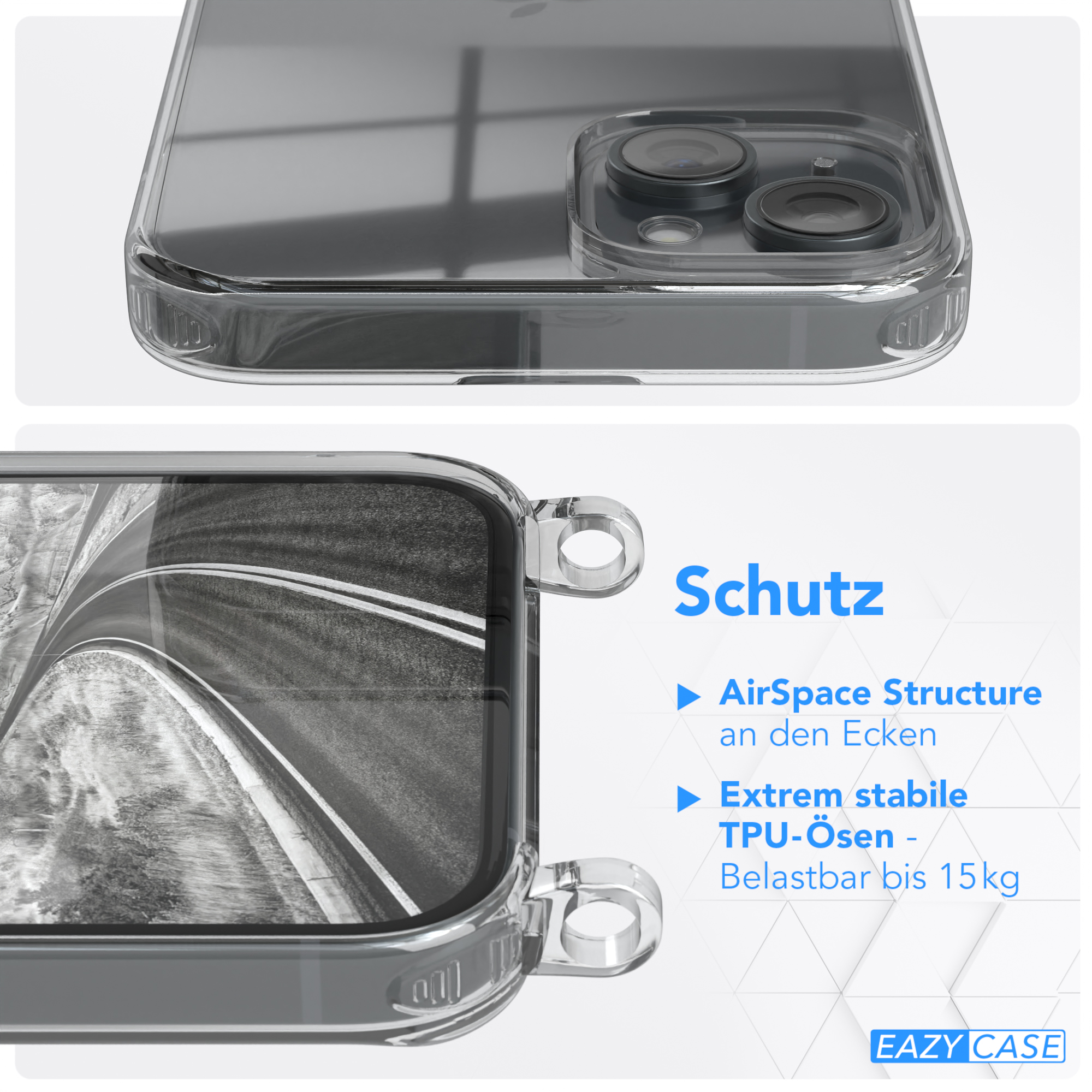 Transparente Handyhülle mit Straßenbild, Rückseite und Seite mit Schutzdetails.