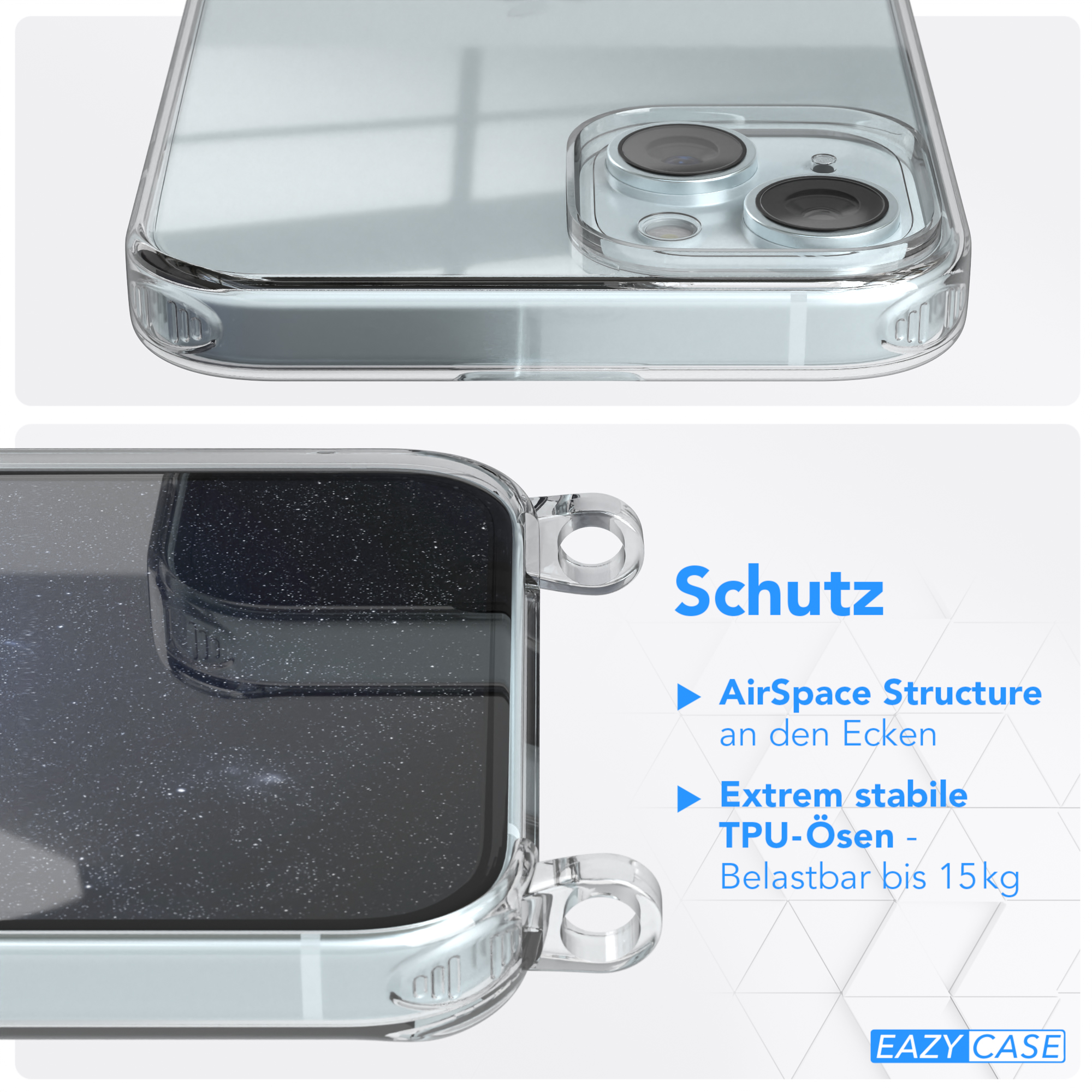 Nahaufnahme einer transparenten Handyhülle, die den Eckschutz und die TPU-Ösen hervorhebt.