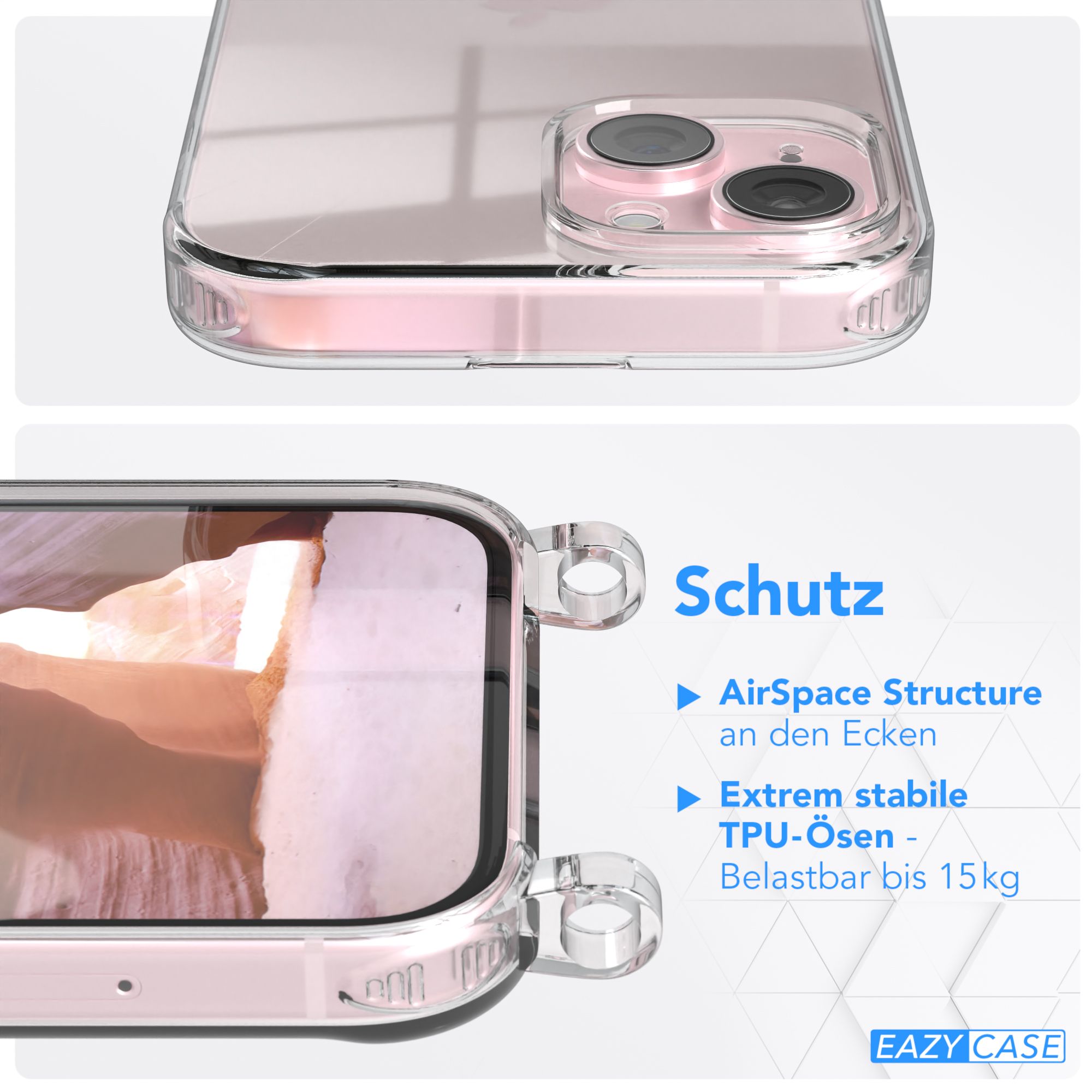 Transparente Handyhülle mit pinkem Bild, Rückseite und Seite mit Schutzdetails.