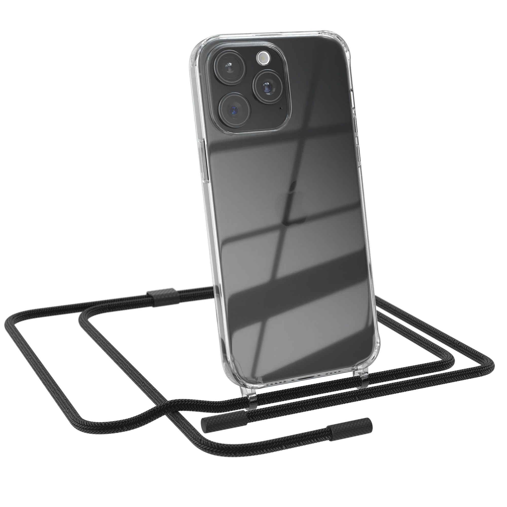 Transparente Handyhülle mit schwarzem Umhängeband. Telefon mit Hülle und Lanyard mit schwarzem Seil.