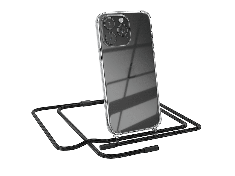 EAZY CASE 15 mit Handyhülle Max, Kette Transparente Umhängetasche, Schwarz runder unifarbend, iPhone Pro Apple