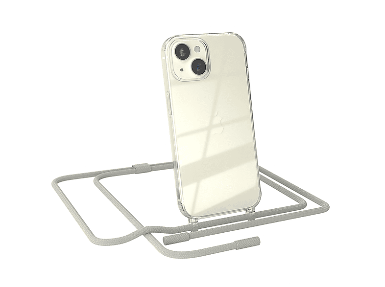 EAZY CASE Transparente Handyhülle runder Umhängetasche, Apple, 15, Kette / Grau Beige unifarbend, Taupe mit iPhone
