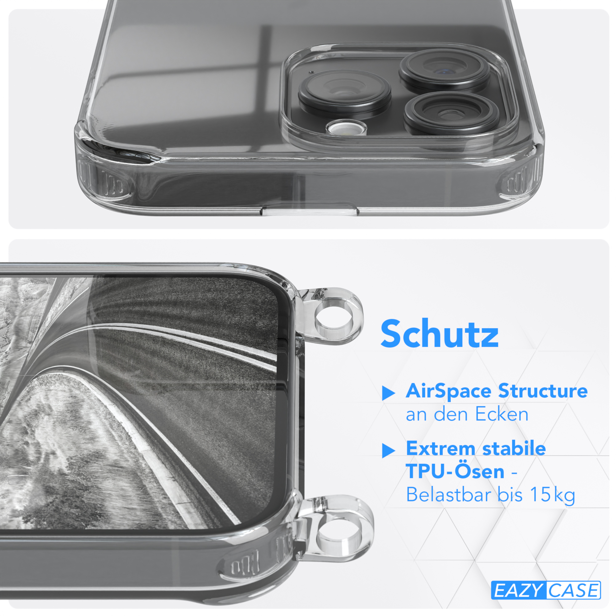 Max, CASE mit Transparente Apple, Pro unifarbend, Handyhülle runder 15 EAZY Umhängetasche, Kette Schwarz iPhone