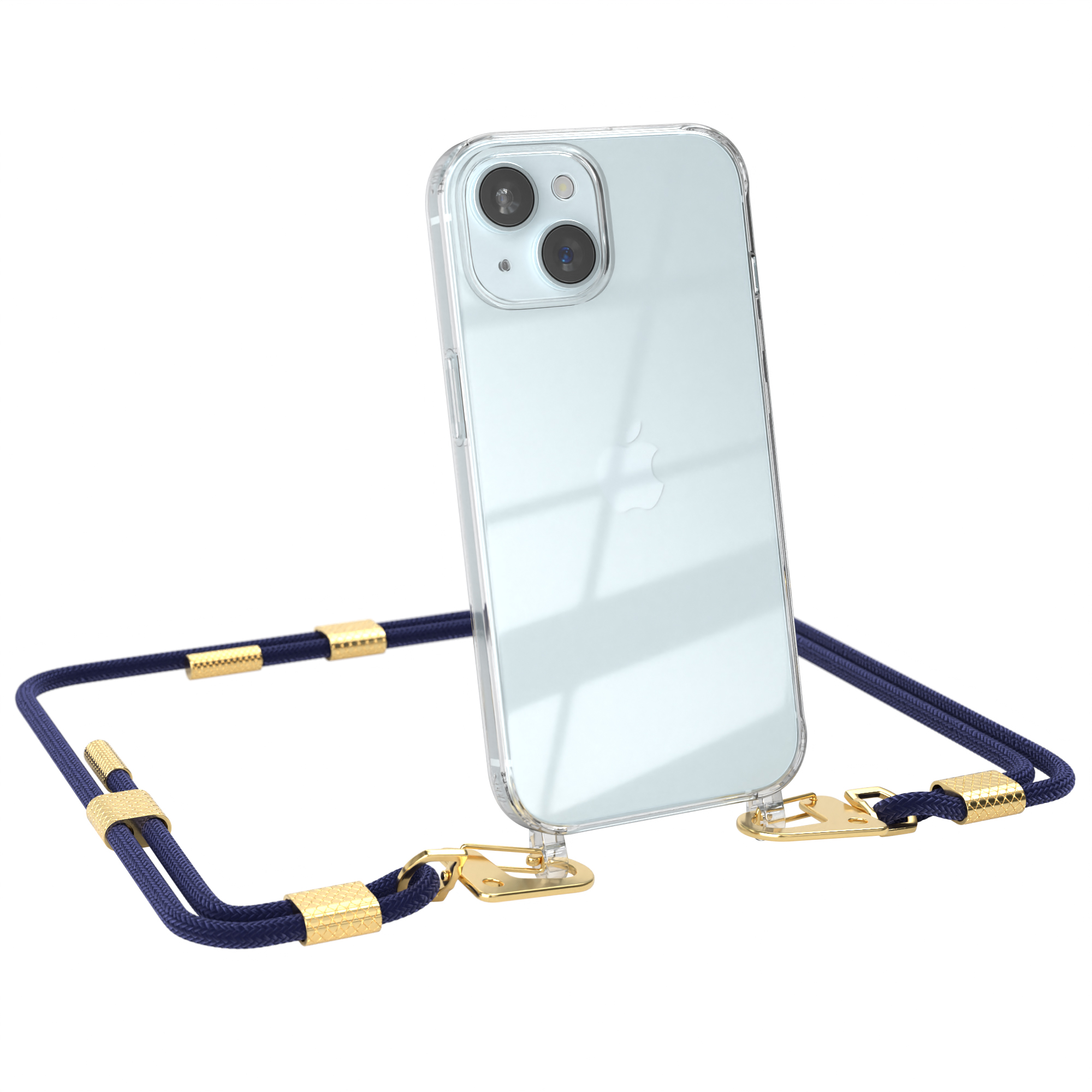 mit Nachtblau + Umhängetasche, Gold Kordel Handyhülle Karabiner, EAZY iPhone Apple, 15, CASE / runder Transparente