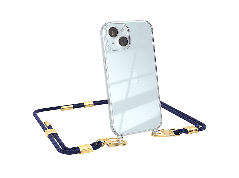 EAZY CASE Transparente Handyhülle mit runder Kordel + Karabiner, Umhängetasche, Apple, iPhone 15, Nachtblau / Gold | Handyketten