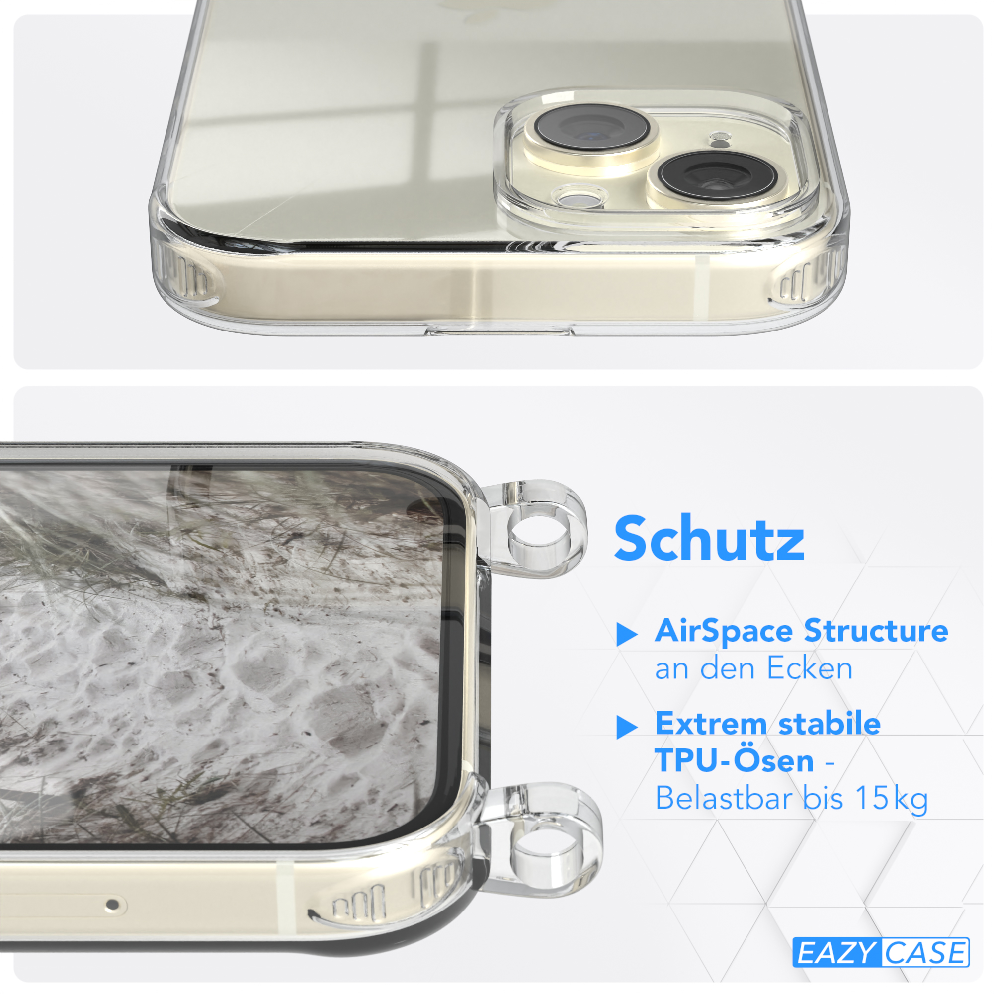EAZY CASE Transparente Handyhülle Grau mit Beige Taupe Umhängetasche, Kette Apple, iPhone runder / 15, unifarbend