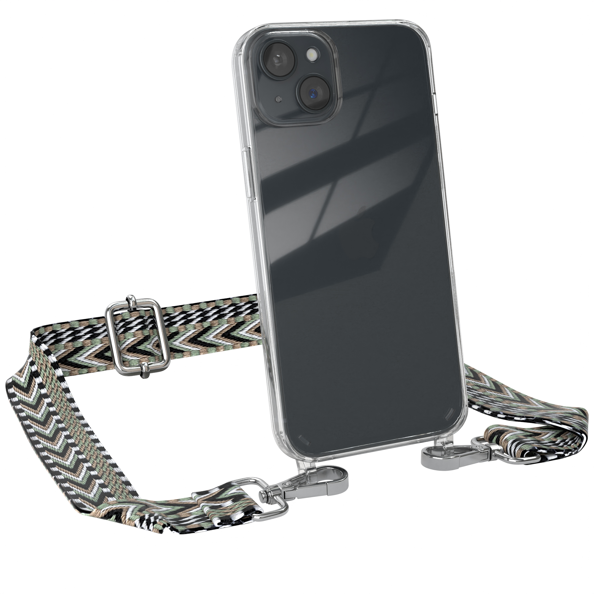 Ein Telefon in einer durchsichtigen Hülle mit einem gestreiften Riemen. Das Gehäuse hat drei Kameras.