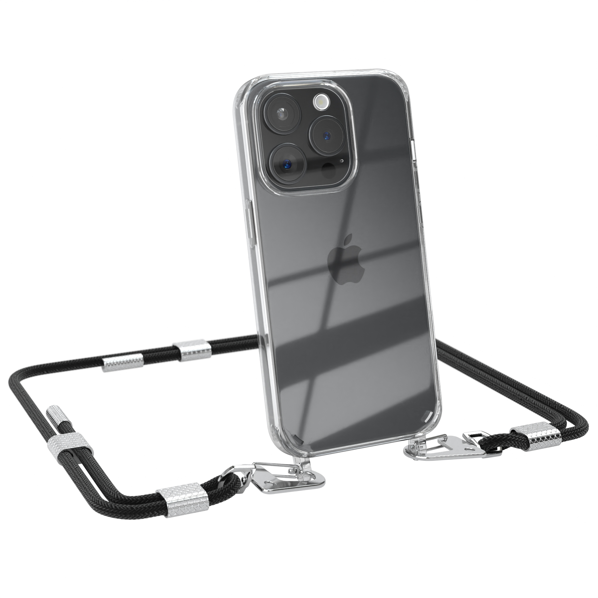 Silber Kordel 15 Umhängetasche, Karabiner, mit EAZY / iPhone + runder Apple, Schwarz Pro, Transparente Handyhülle CASE