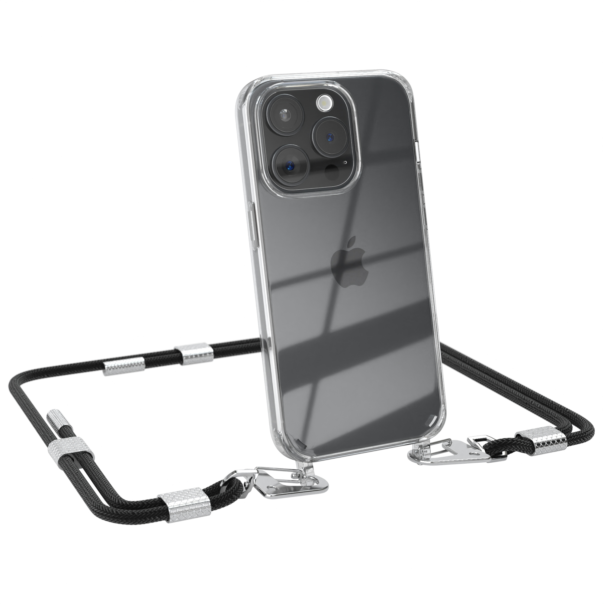 Eine transparente Handyhülle mit einem schwarzen Schlüsselband. Das Telefon ist in der Hülle sichtbar.