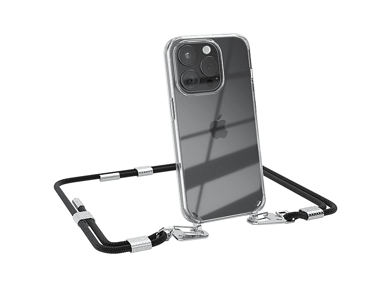 Pro, 15 EAZY Apple, Kordel Transparente iPhone mit runder Silber Karabiner, Umhängetasche, Schwarz Handyhülle + CASE /