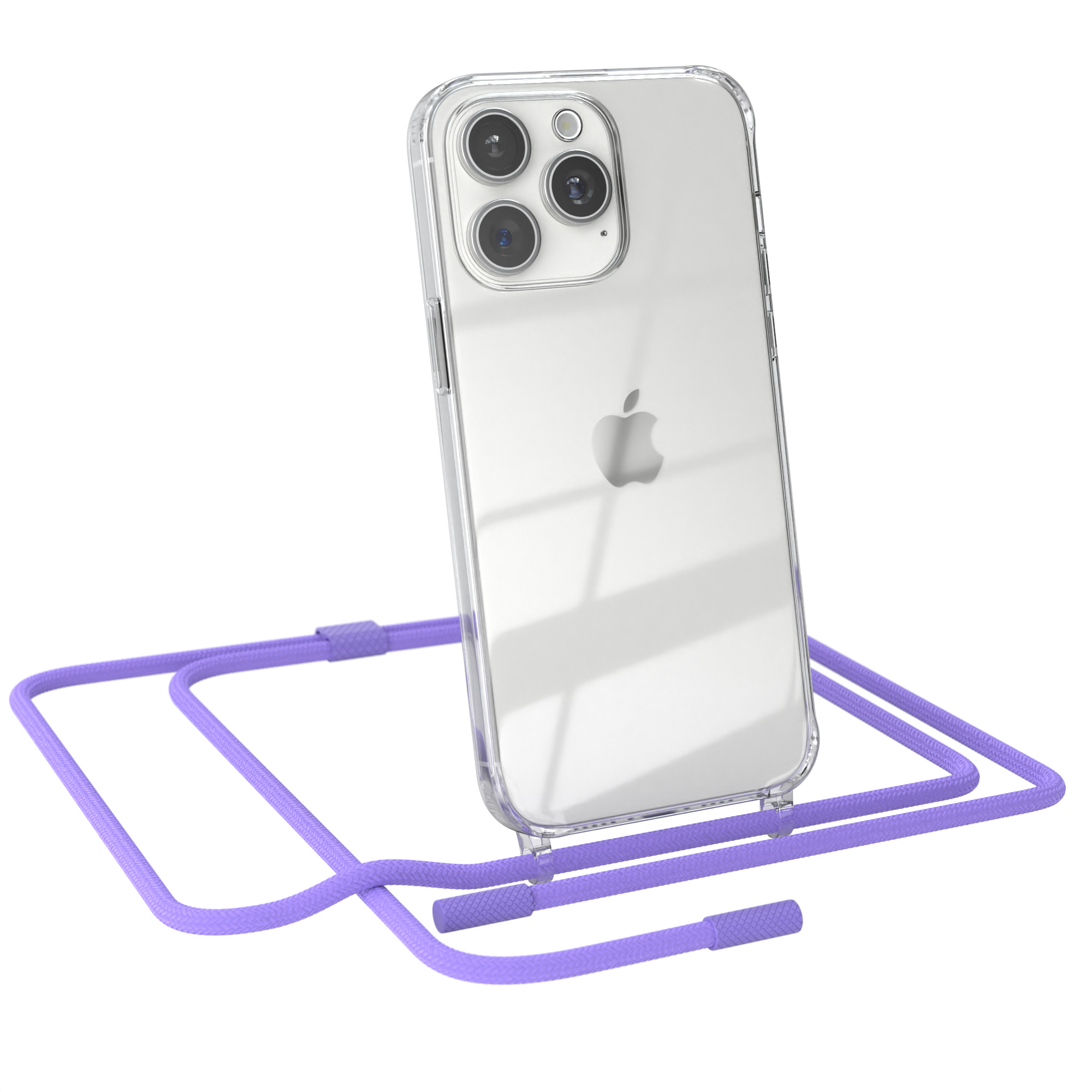 Ein Telefon mit einer durchsichtigen Hülle und einem lila Kabel wird gezeigt. Das Telefon ist weiß mit Apple-Logo.