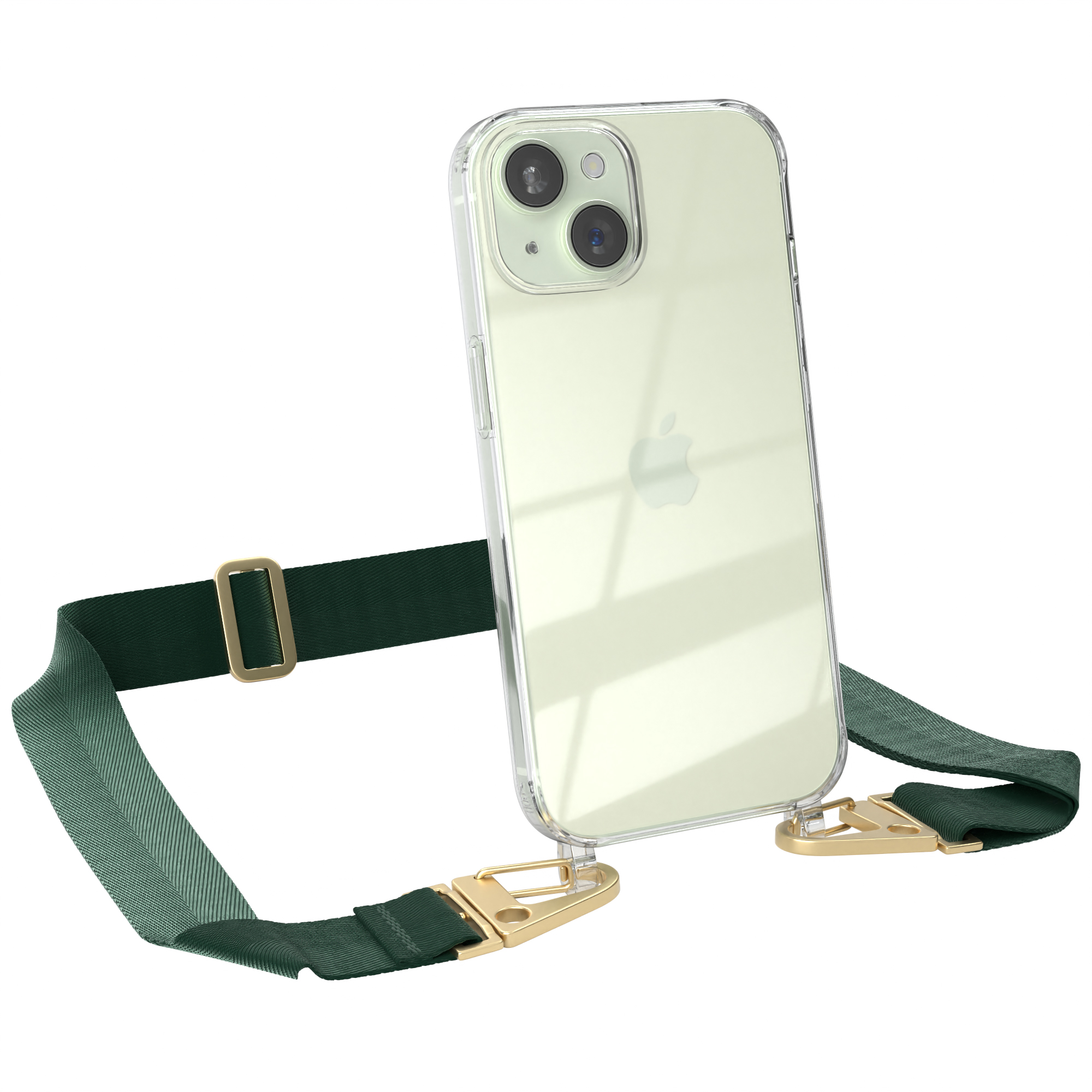 EAZY CASE Transparente Handyhülle Apple, Umhängetasche, breiter 15, Kordel / Dunkel mit Grün + iPhone Gold Karabiner