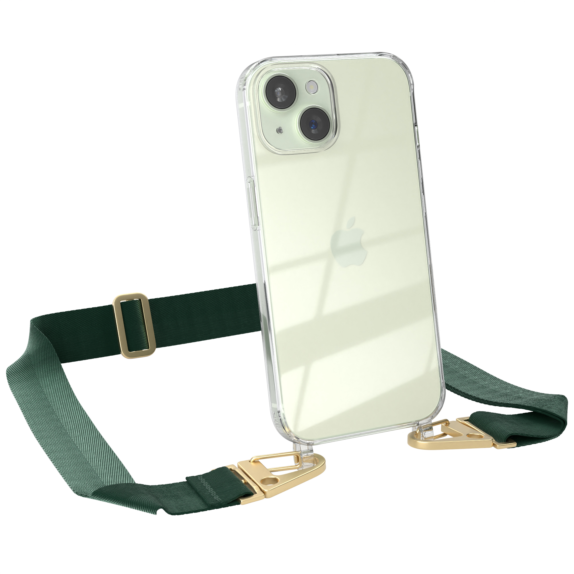 Klares iPhone mit Hülle und Band. Das Band ist grün mit goldenen Details. Die Hülle ist transparent.