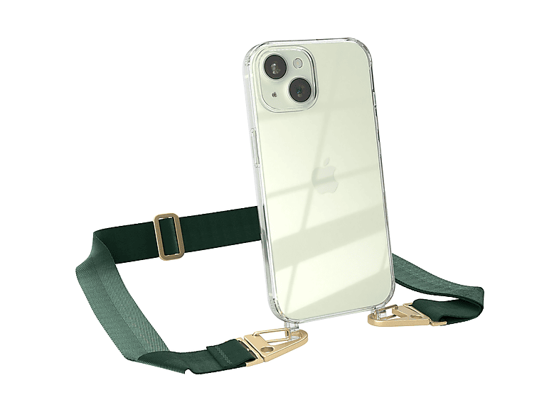 EAZY CASE Transparente Handyhülle mit breiter Kordel + Karabiner, Umhängetasche, Apple, iPhone 15, Dunkel Grün / Gold