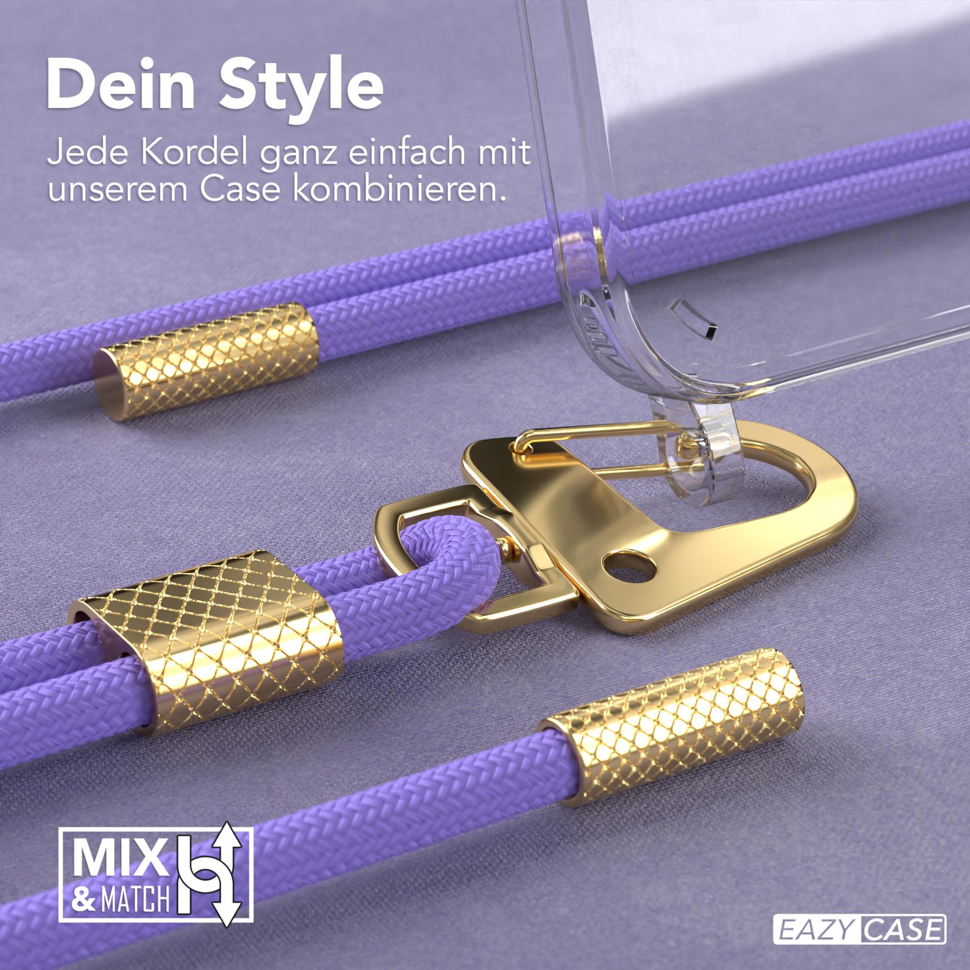 Nahaufnahme einer Handyhülle mit lila Kordel und goldenen Details. Stilvolles Zubehör.