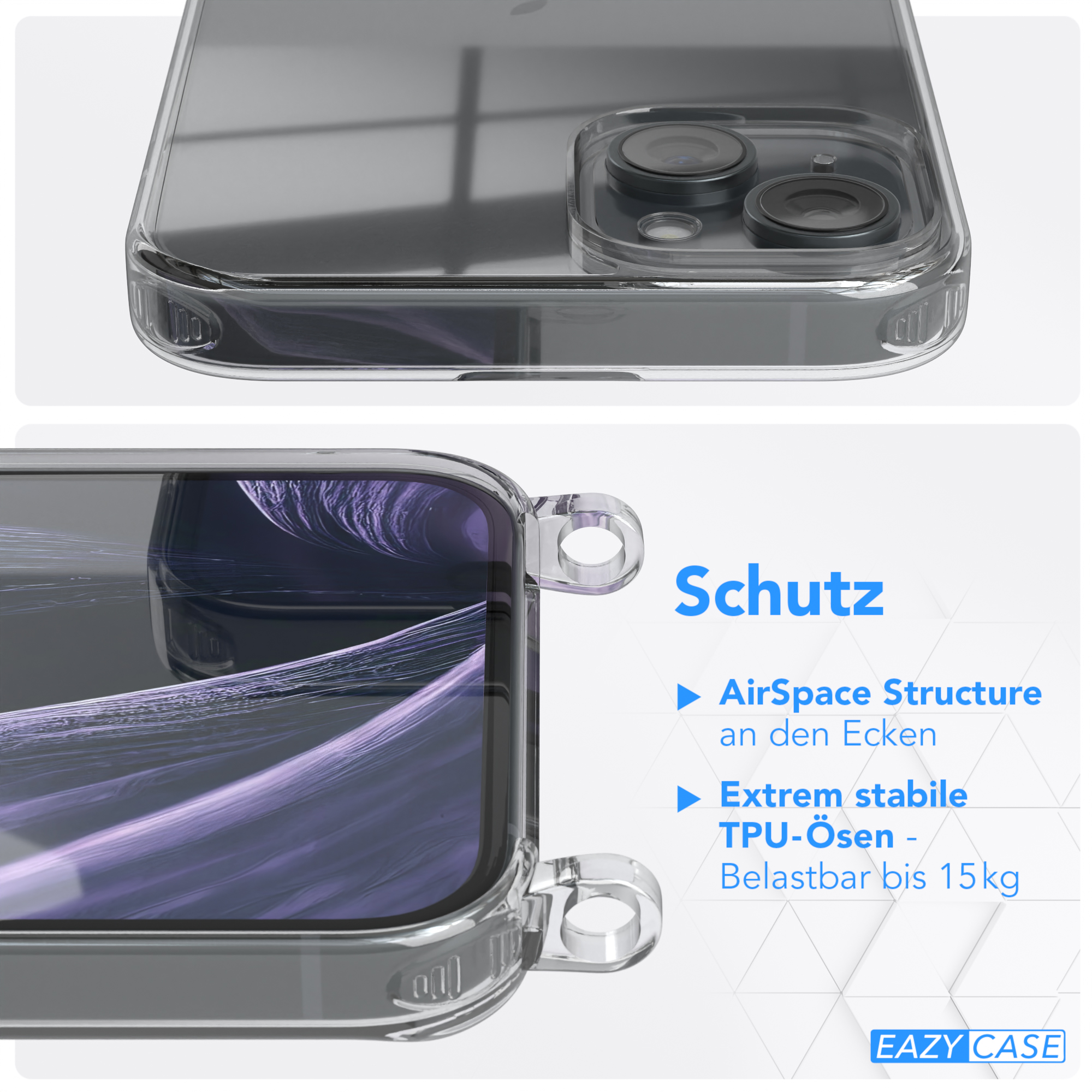 Nahaufnahme einer transparenten Handyhülle, die verstärkte Ecken und TPU-Ösen hervorhebt.
