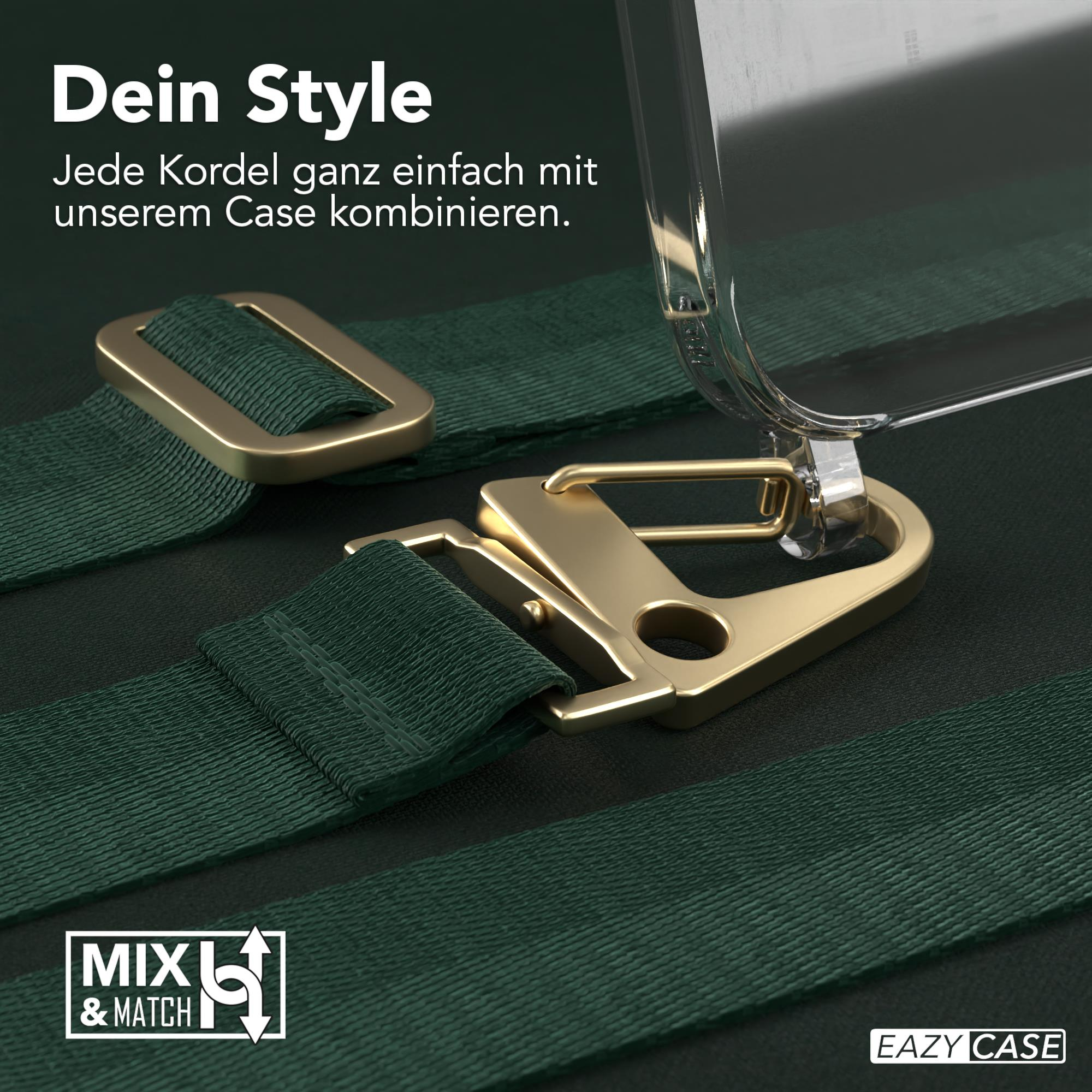 Grüner Telefonriemen mit goldener Hardware und transparenter Handyhülle. Text sagt: "Dein Style". Der Riemen ist kombinierbar.