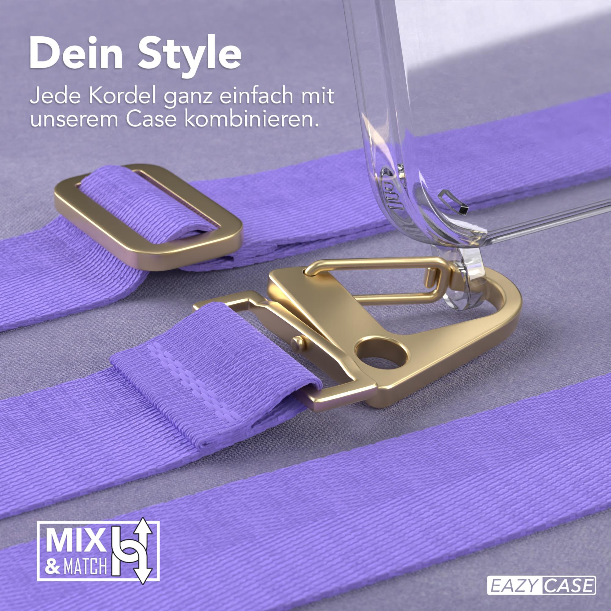 Nahaufnahme einer Handyhülle mit lilafarbenen Riemen und goldener Hardware.