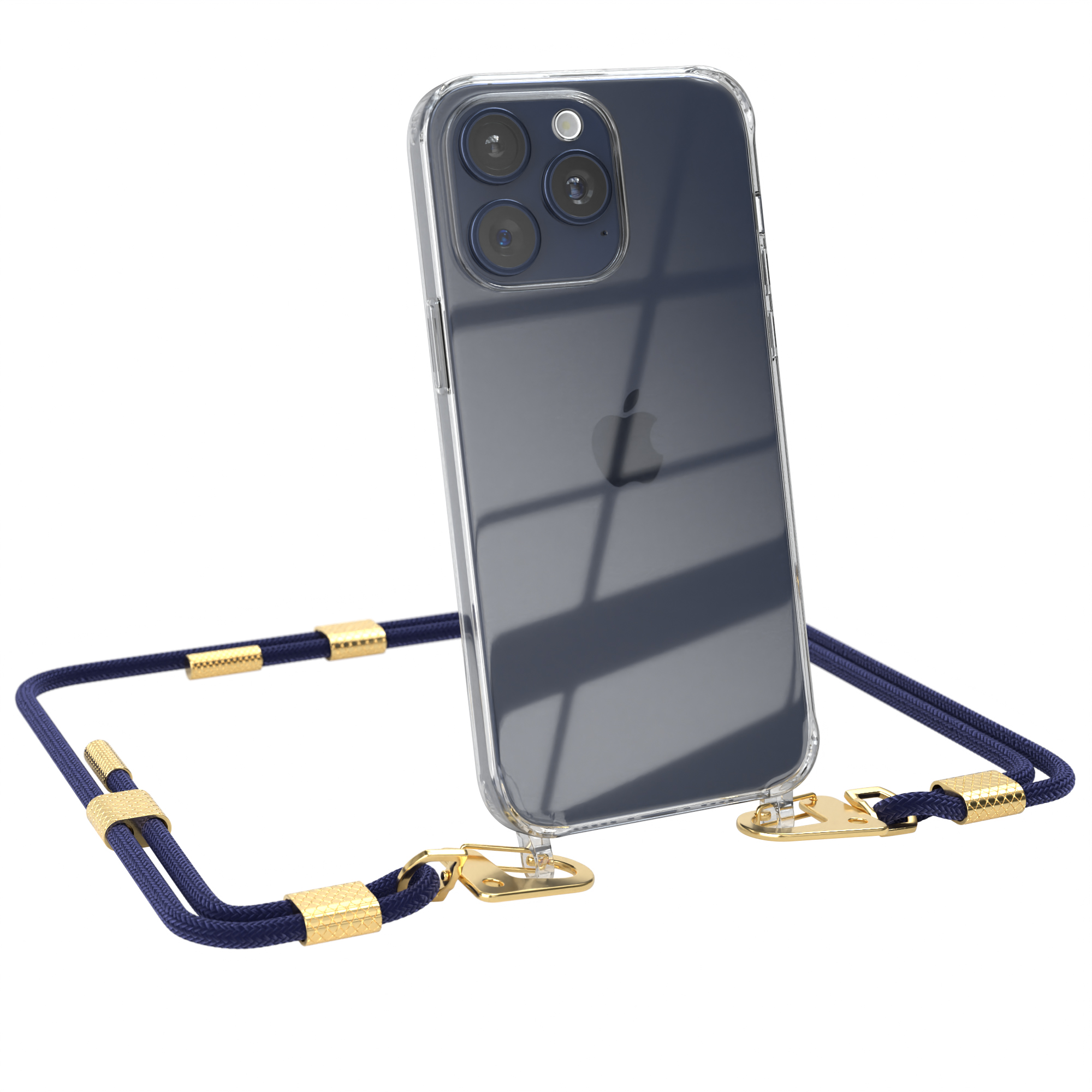 Ein Telefon mit durchsichtiger Hülle und blauer Kordel. Das Telefon ist ein iPhone.
