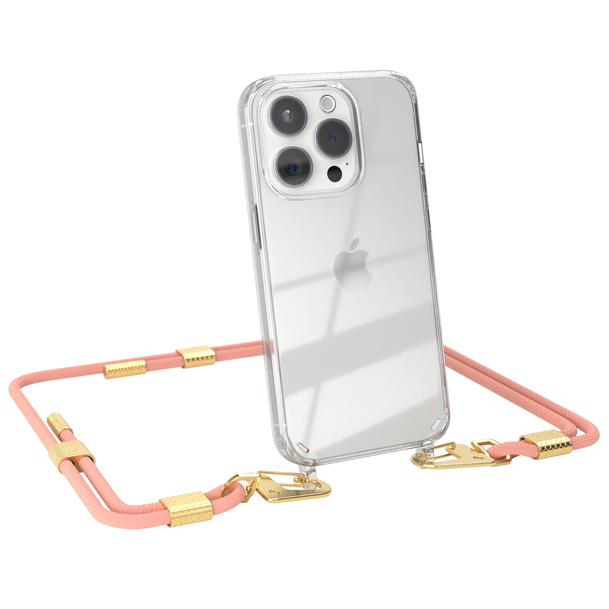 Transparente Handyhülle mit pinkfarbenem Schlüsselband. Die Hülle liegt auf einer weißen Oberfläche. Goldene Verschlüsse sind sichtbar.
