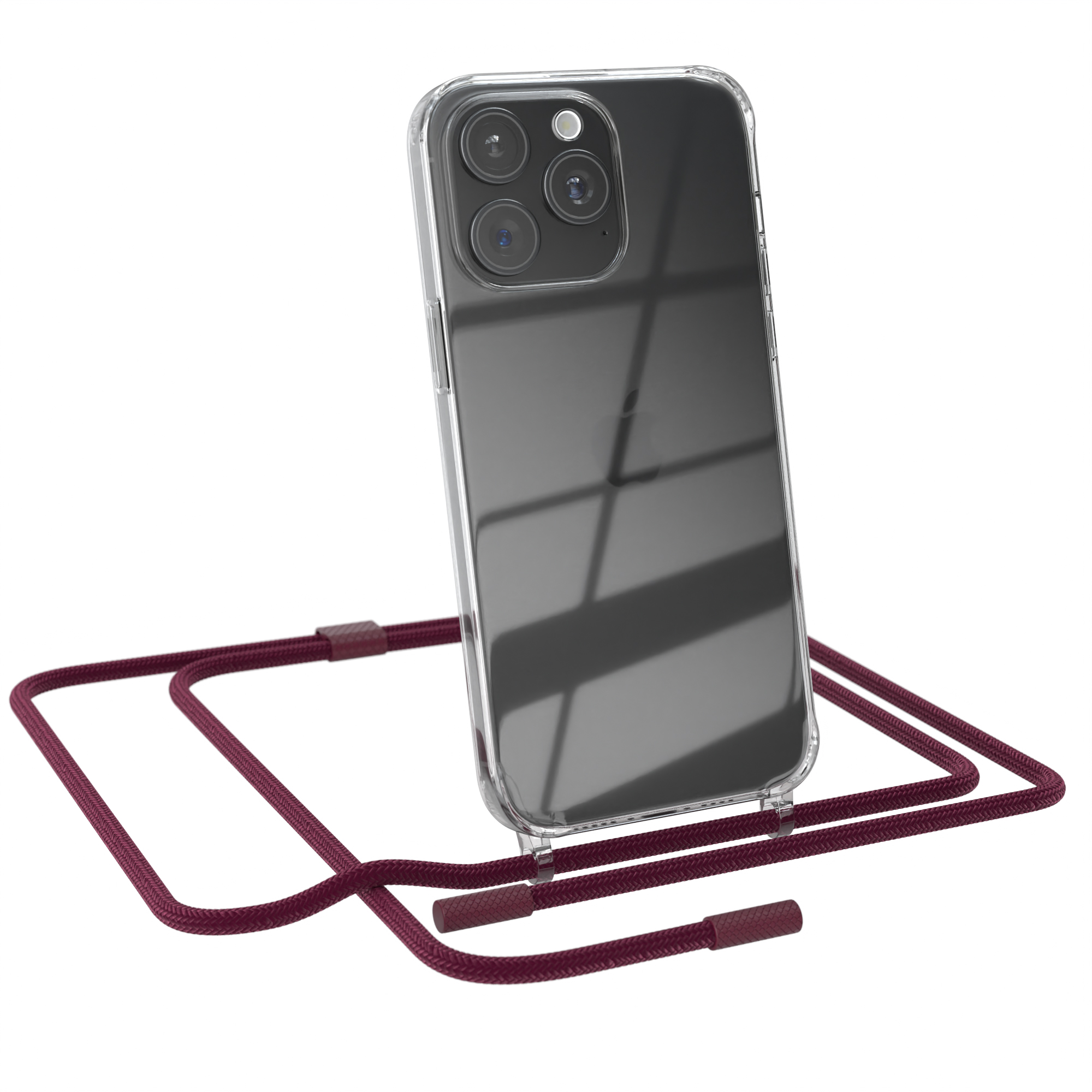 Transparente Handyhülle mit weinrotem Umhängeband, ein Telefon darin.