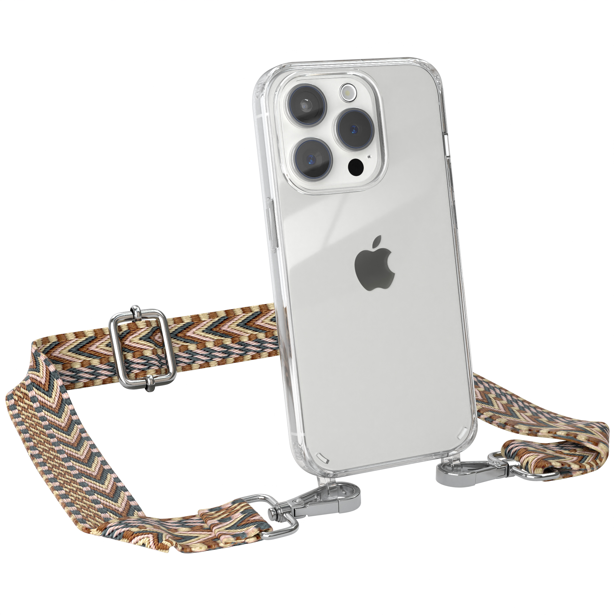 Apple, Umhängetasche, Boho Mix EAZY Kordel mit Transparente Pro, CASE Style, iPhone 15 Braun Handyhülle