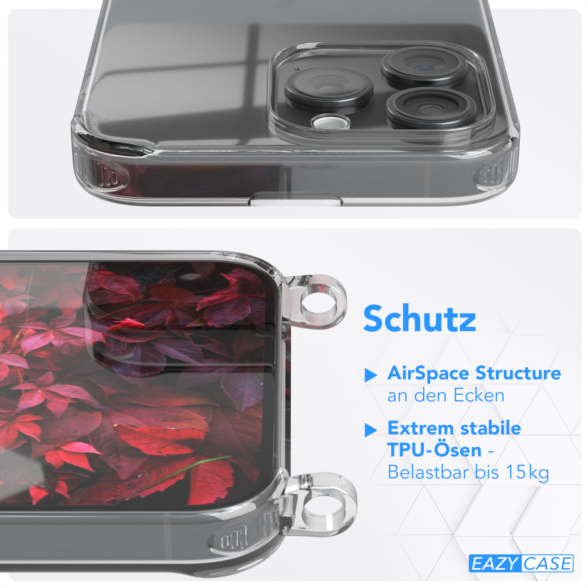 Nahaufnahme einer Handyhülle mit ihrem Design. Die Hülle ist transparent mit roten Blättern.