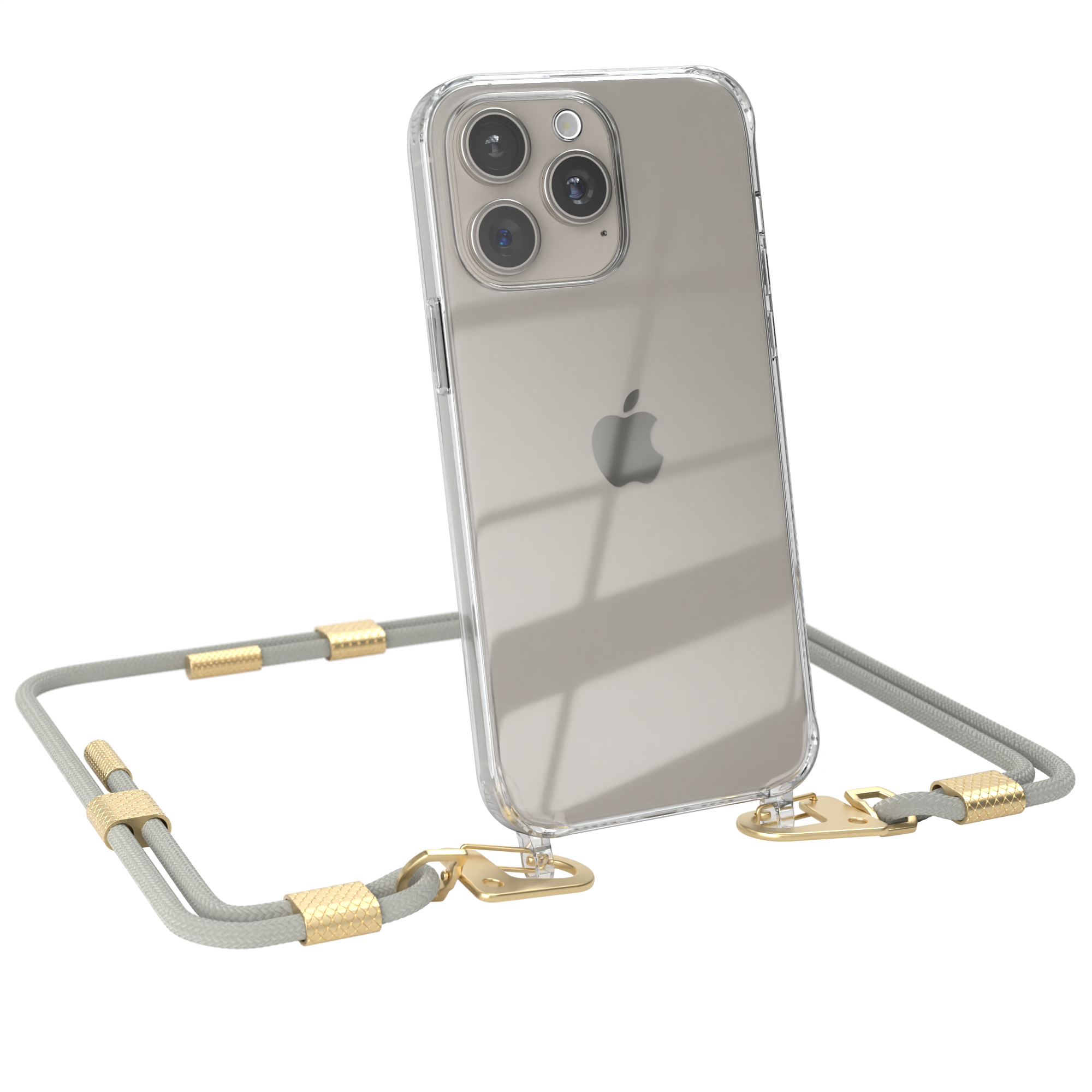 Transparente iPhone-Hülle mit grauem Seilriemen. Goldene Verschlüsse. iPhone mit Apple-Logo.
