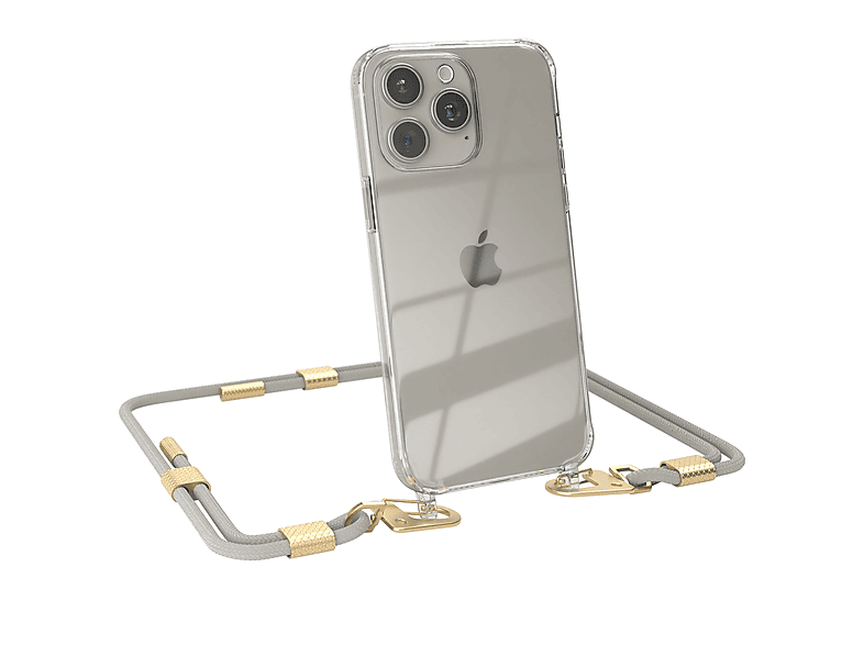 EAZY CASE Transparente Handyhülle mit runder Kordel + Karabiner, Umhängetasche, Apple, iPhone 15 Pro Max, Taupe Beige / Matt Gold