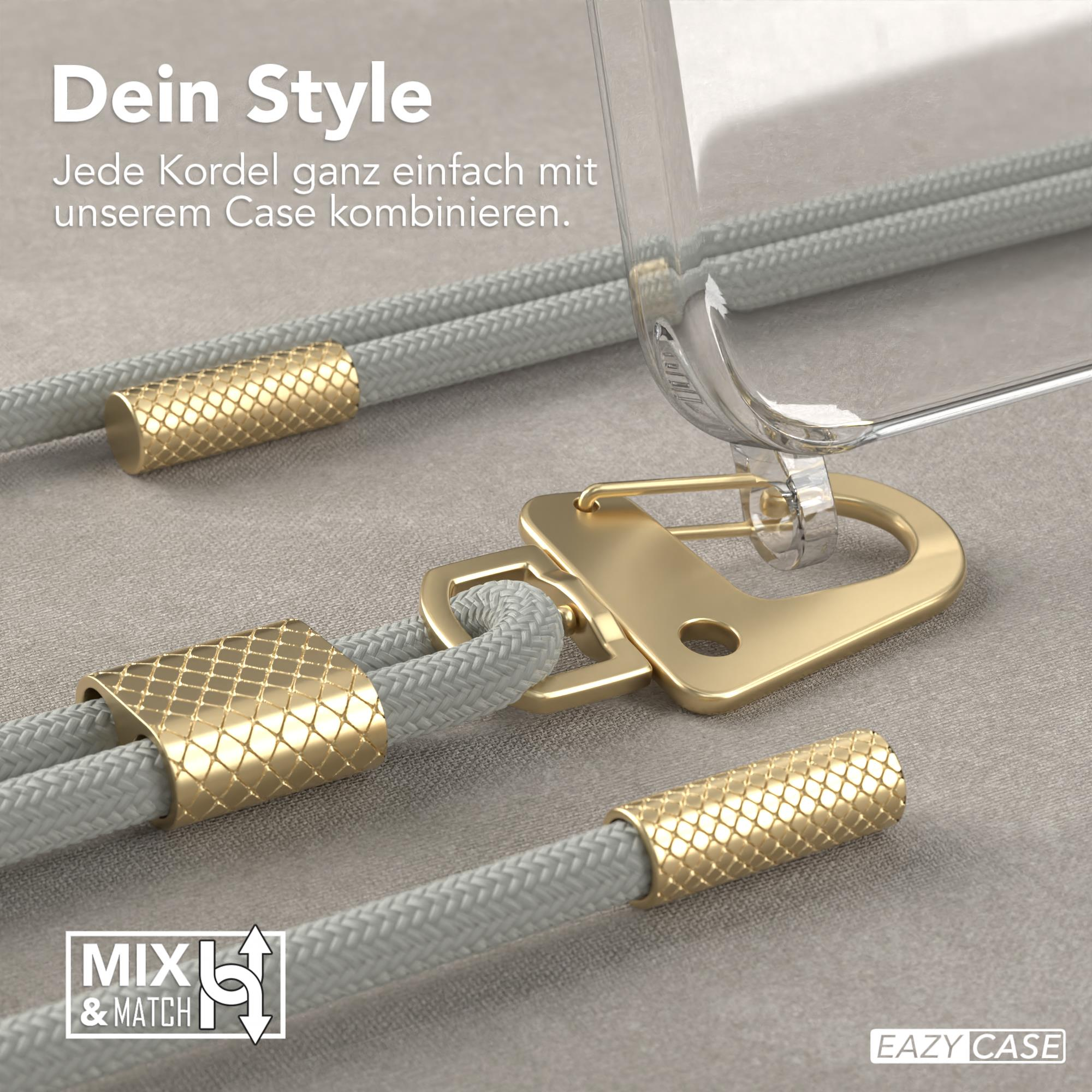 Handyhülle mit grauem Kordel und goldenen Akzenten. Text: Dein Style, Mix & Match. Grauer Hintergrund.