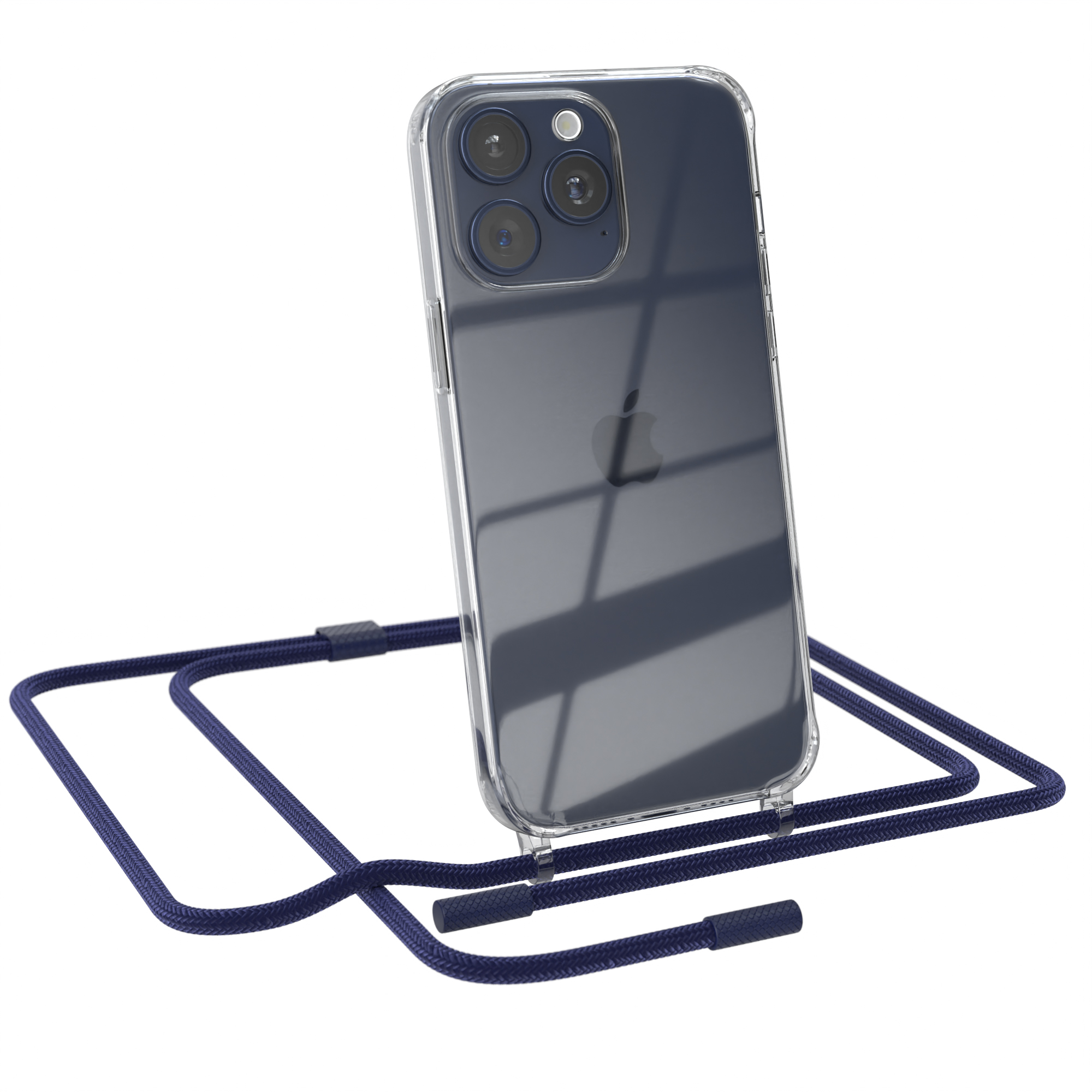 Transparente Handyhülle mit marineblauem Kordel. Das Telefon hat drei Kameras. Blaue Kordel ist an der Hülle befestigt.