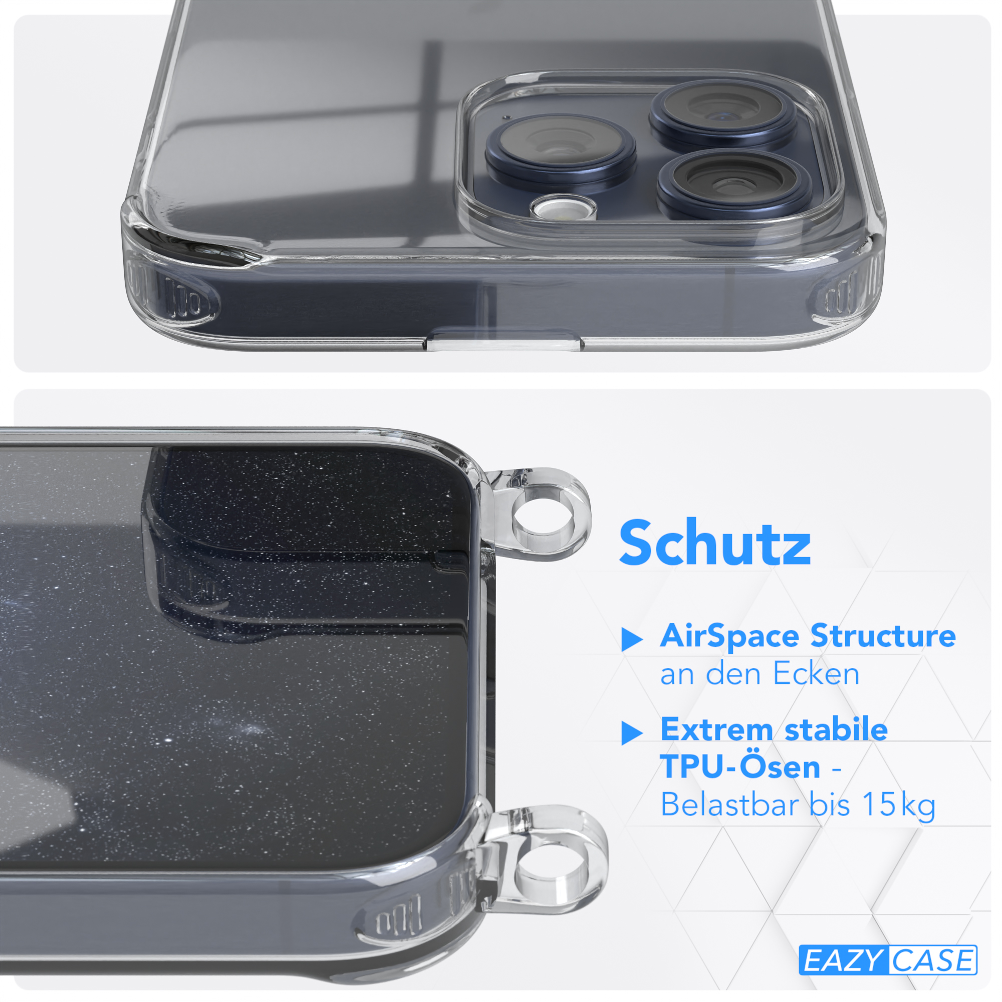 EAZY CASE Transparente Kette Max, unifarbend, Umhängetasche, Apple, Pro Dunkelblau Nachtblau mit runder iPhone / Handyhülle 15