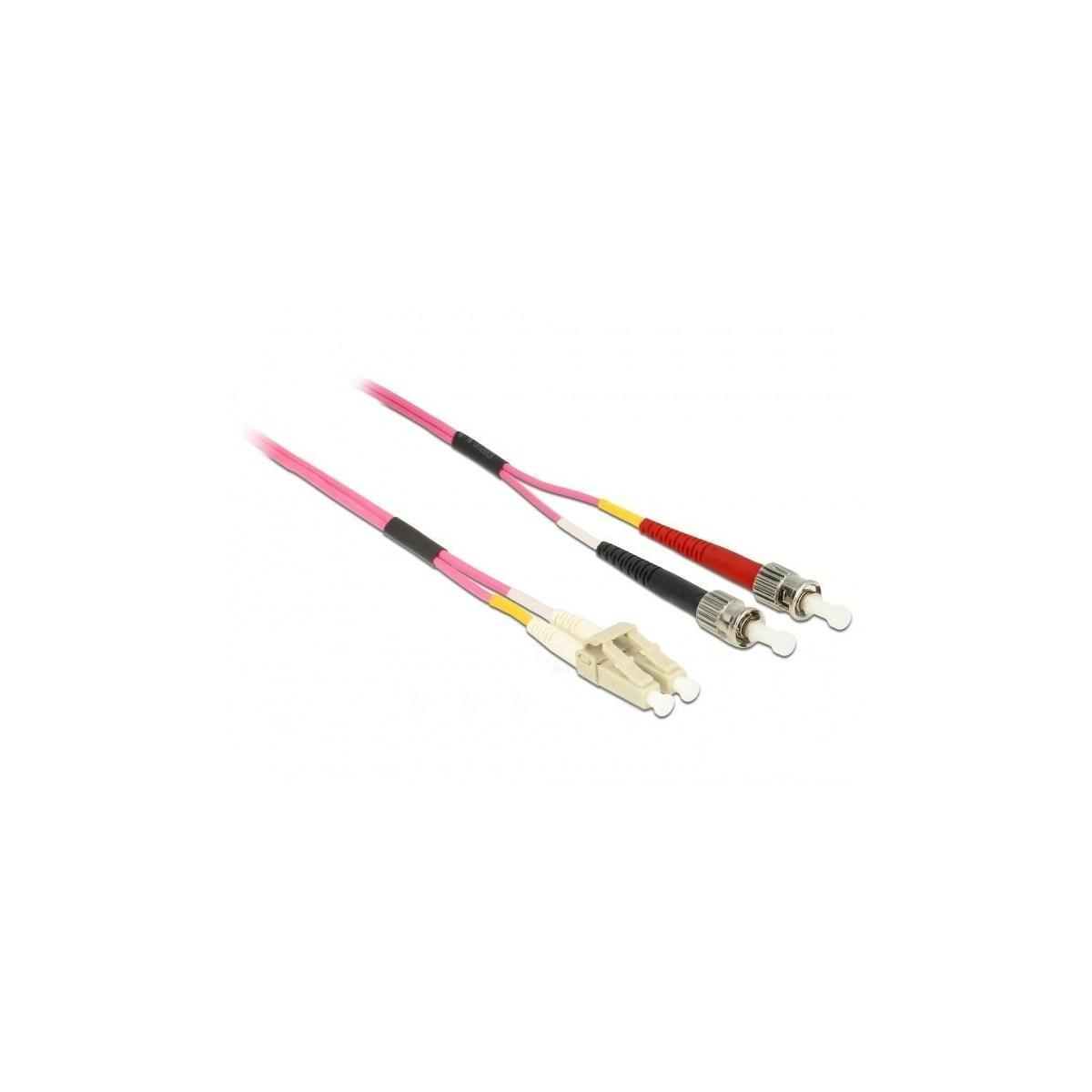 Due cavi in fibra ottica. Cavi rosa con connettori all'estremità. Un connettore è giallo e l'altro rosso.