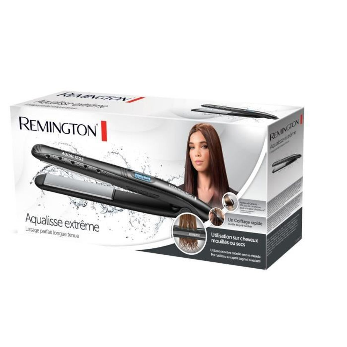 Pudełko i produkt prostownicy Remington Aqualisse. Kobieta z prostymi włosami na pudełku.