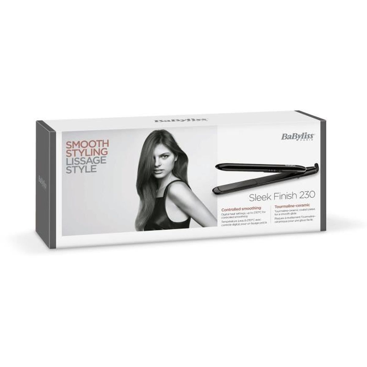 Una scatola Babyliss con l'immagine di una donna e una piastra per capelli.