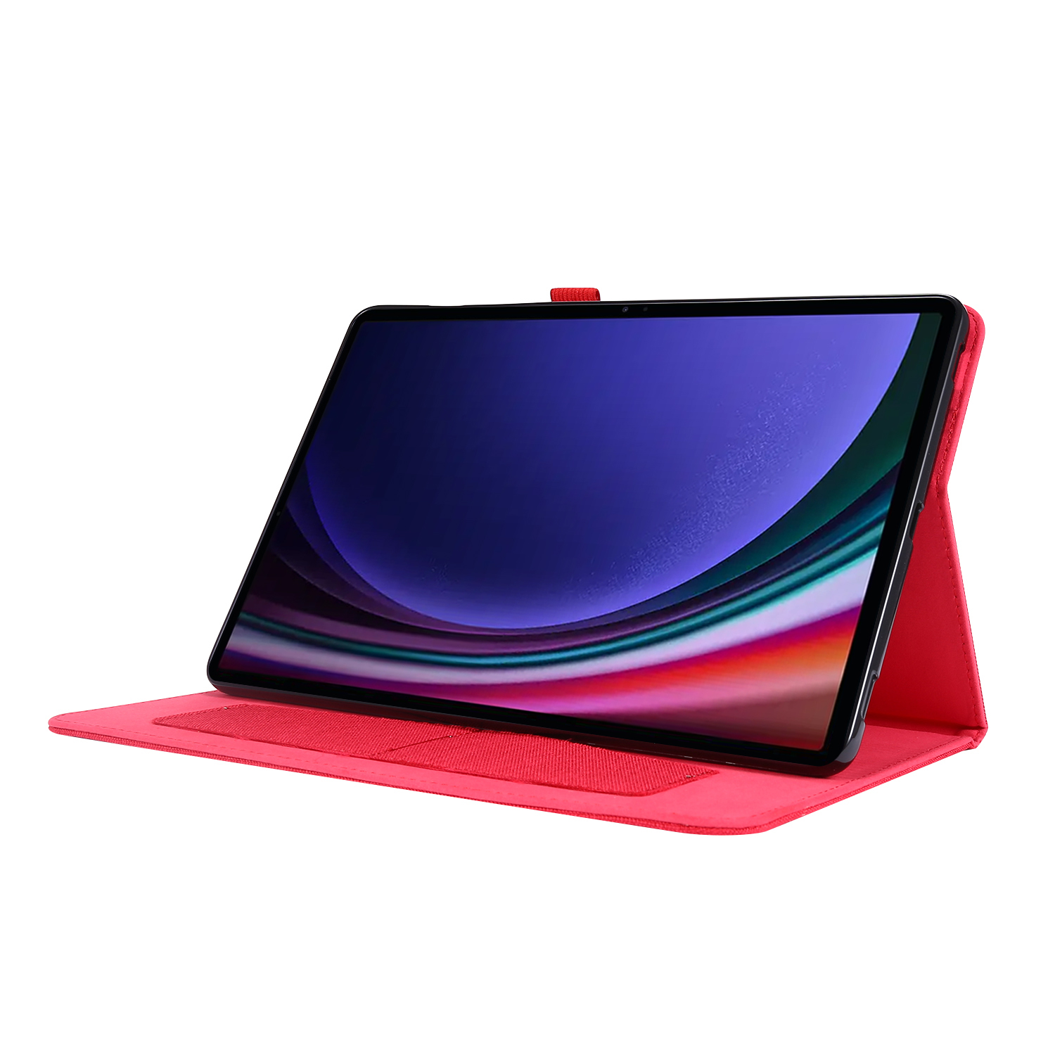 Tablet in rotem Gehäuse, hochgeklappt, mit buntem Bildschirm.