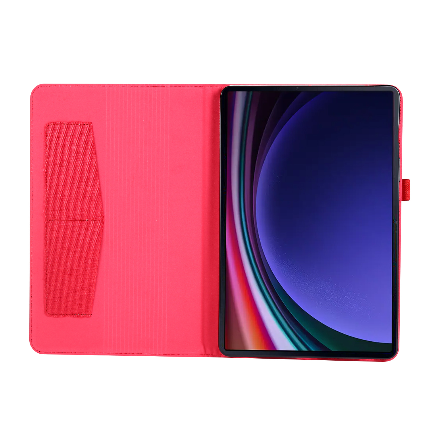 Eine rosa Tablet-Hülle ist geöffnet und zeigt einen Tablet-Bildschirm mit einer Tasche. Der Hintergrund ist verschwommen.