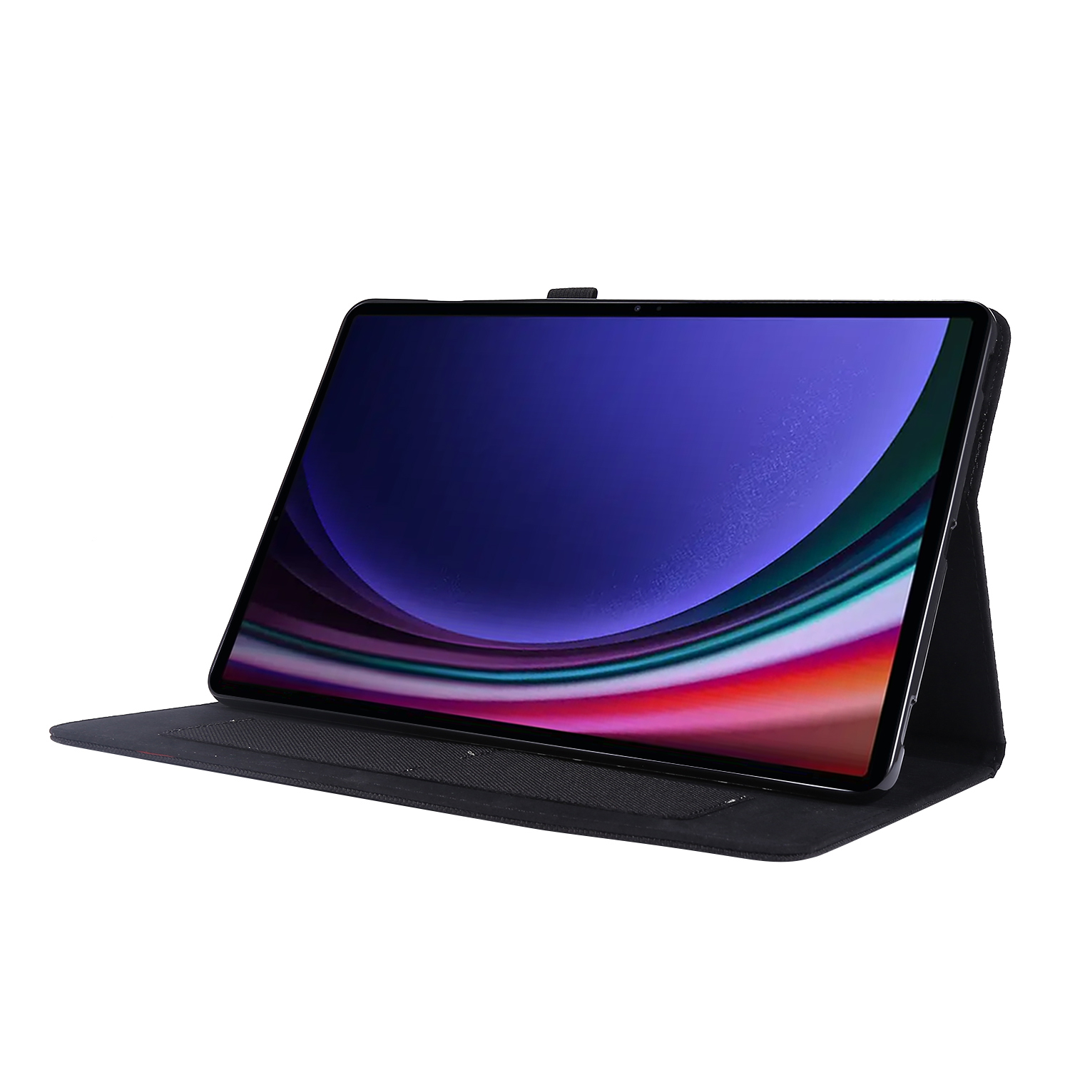 Tablet in schwarzem Gehäuse, geöffnet. Der Bildschirm zeigt ein farbenfrohes, abstraktes Bild. Weißer Hintergrund.