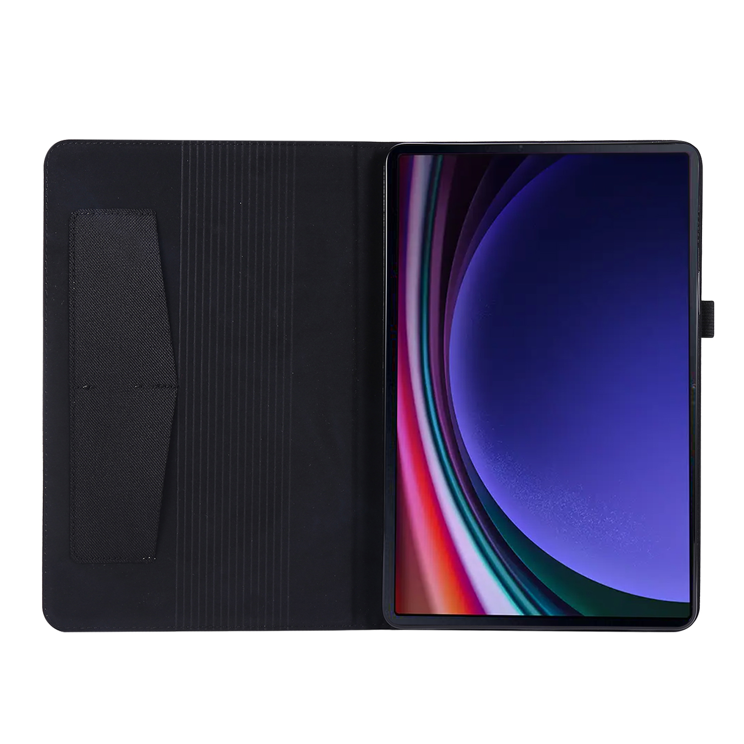 Geöffnete schwarze Tablethülle mit Tablet innen, zeigt bunten Bildschirm.