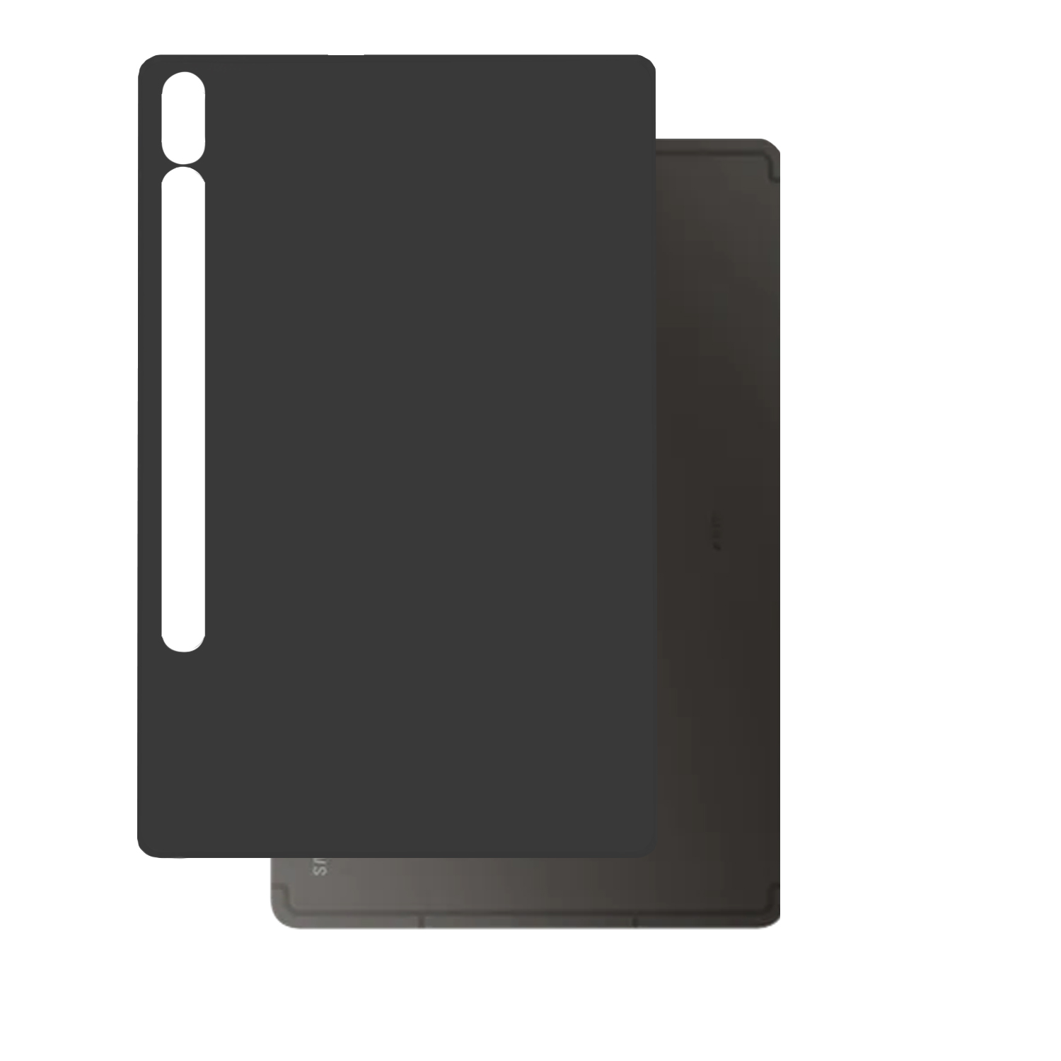 Ein schwarzes Tablet mit geöffneter Hülle. Die Rückseite des Tablets ist sichtbar.
