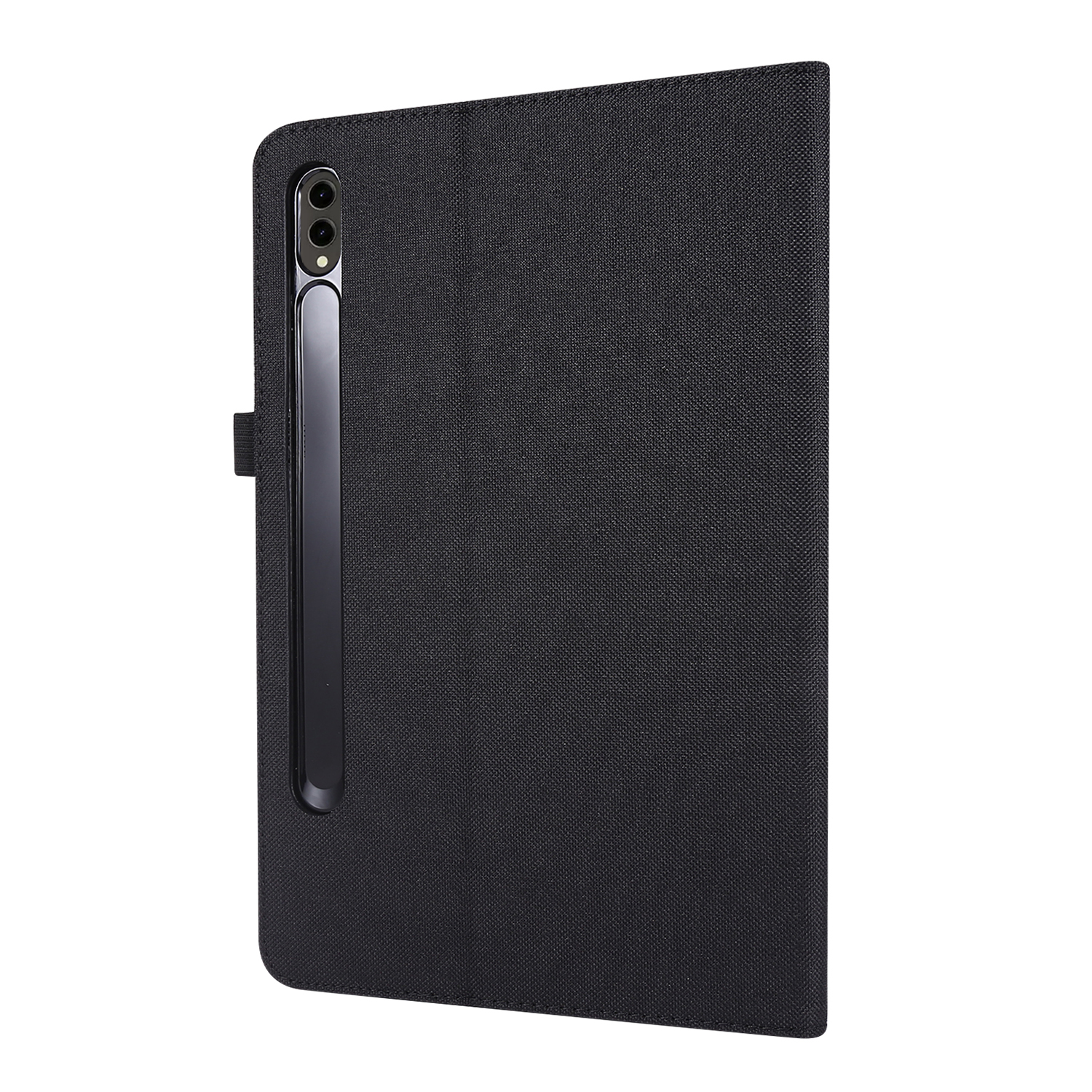 Schwarze Tablet-Hülle mit silbernem Stift. Schwarzer Hintergrund.