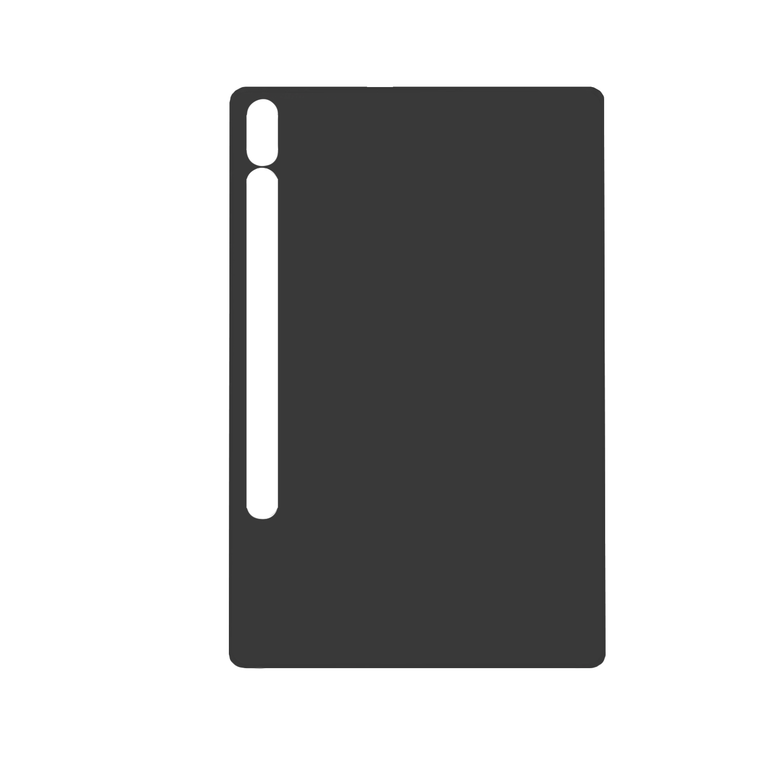 Ein dunkelgraues Tablet, rechteckige Form mit einer weißen vertikalen Linie an der Seite.
