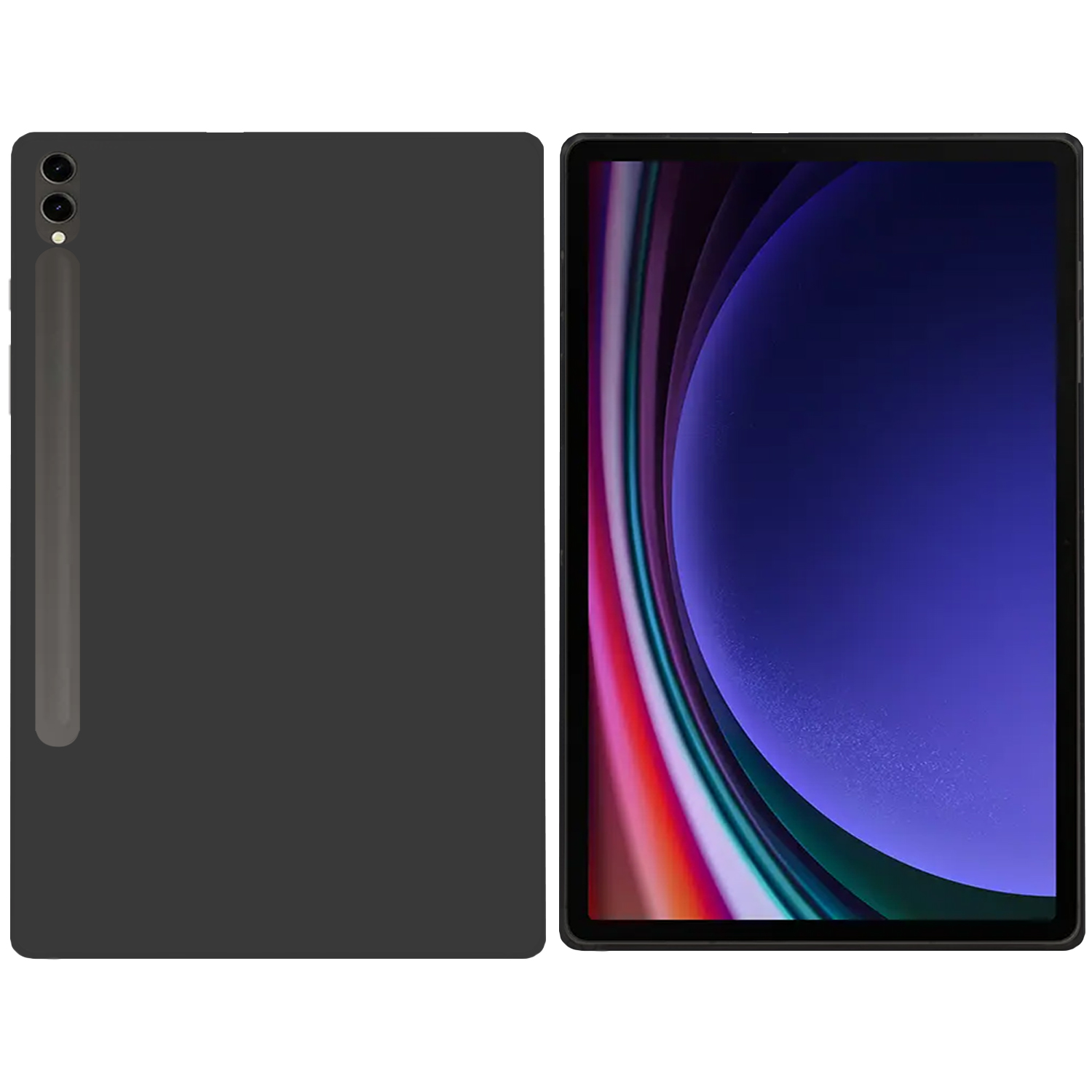 Tablet mit Hülle, zwei Ansichten. Zeigt das Tablet mit dunkler Rückseite und Bildschirmansicht.