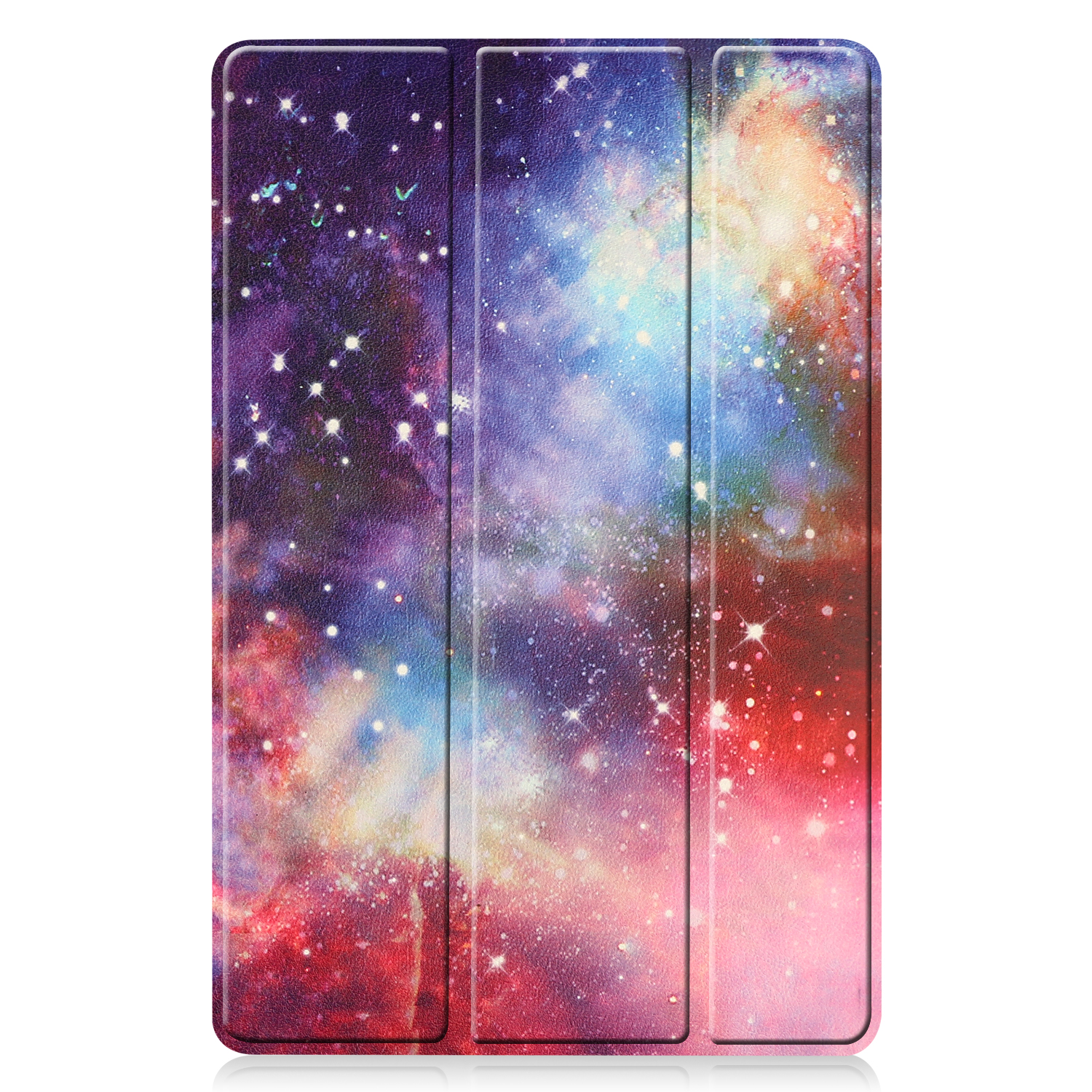 Custodia per tablet a tema galassia. Miscela di viola, blu e rosso, con stelle. Chiusa, superficie strutturata.