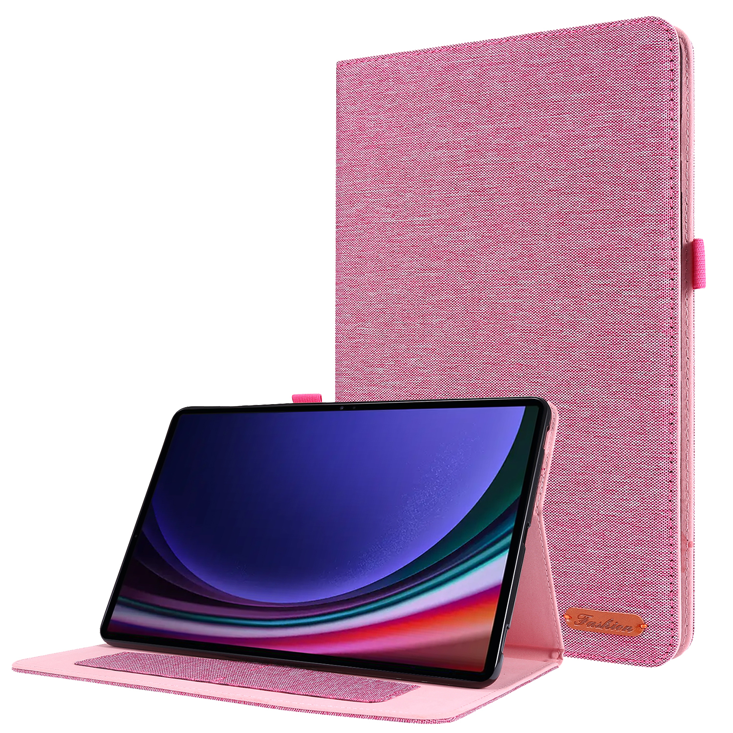 Rosa Tablethülle, offen mit Tablet. Die Hülle ist strukturiert, das Tablet steht.